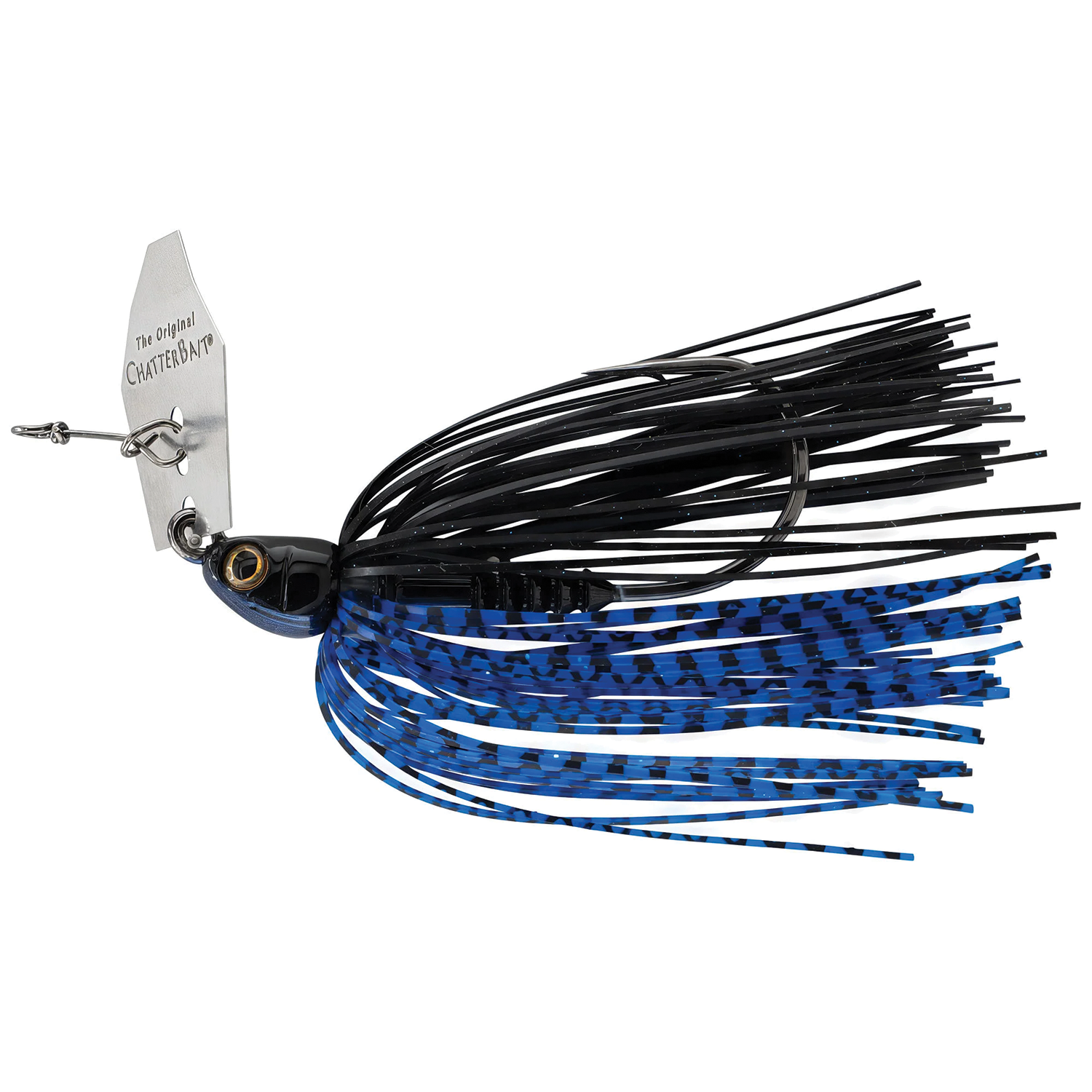 Z-Man Chatterbait PZ2 fishing lure with black and blue skirt and metal blade designed for effective musky and freshwater fishing tackle.
