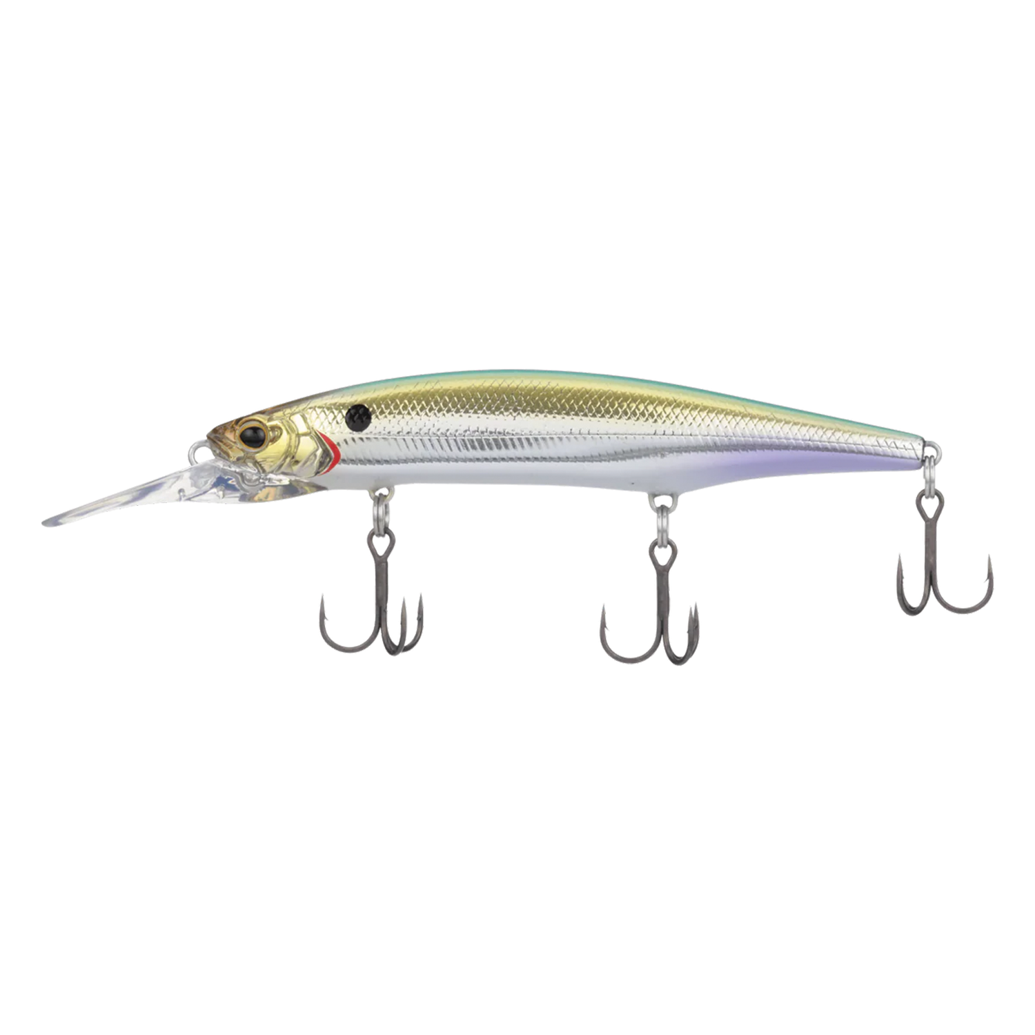 Shimano Zumverno SP - Flash Boost fishing lure with a sleek, metallic finish in green and silver hues, featuring three sharp treble hooks and a long diving lip for effective trolling.