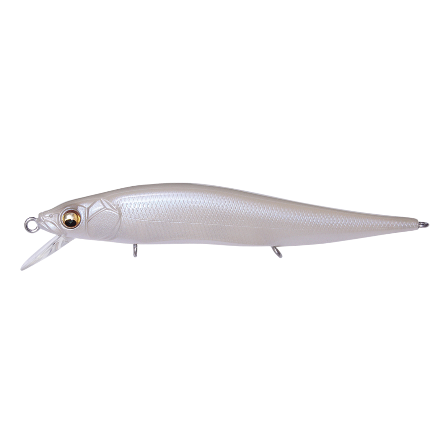 Megabass Vision 110 Jr. is a sleek, pearl-colored fishing lure with realistic fish scale texture and detailed eyes, designed for effective fishing tackle use.