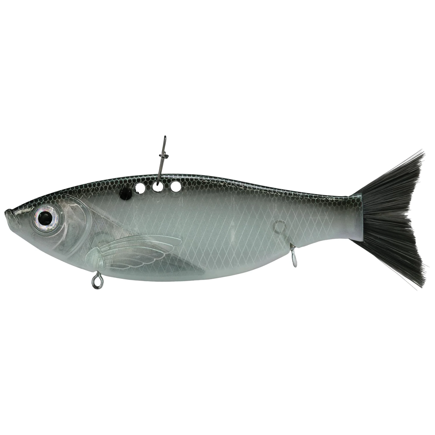Bill Lewis Big Gizz fishing lure in gray and black with lifelike fish design, detailed fins, and realistic eyes, ideal for musky fishing tackle and lure collection.