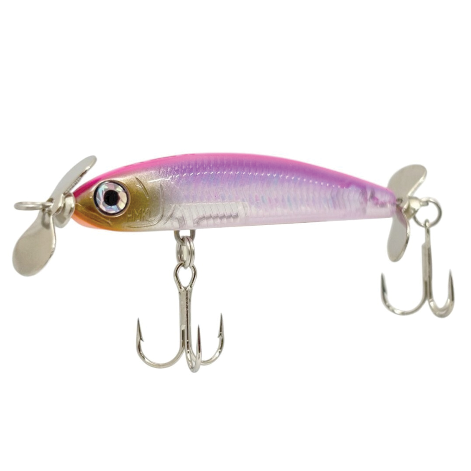 HMKL K-I Mac 50 fishing lure featuring a streamlined body with purple and orange hues, two silver propellers, and two treble hooks for effective fishing tackle performance.