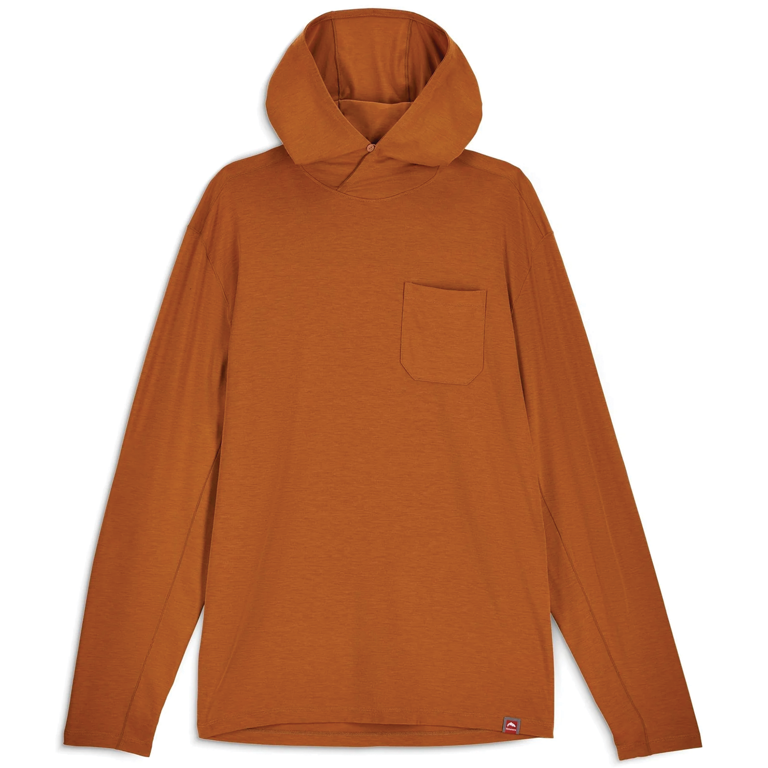 Simms Glades Hoody - Men's in rust orange featuring long sleeves, an adjustable hood, and a chest pocket, designed for lightweight comfort during fishing and outdoor activities.