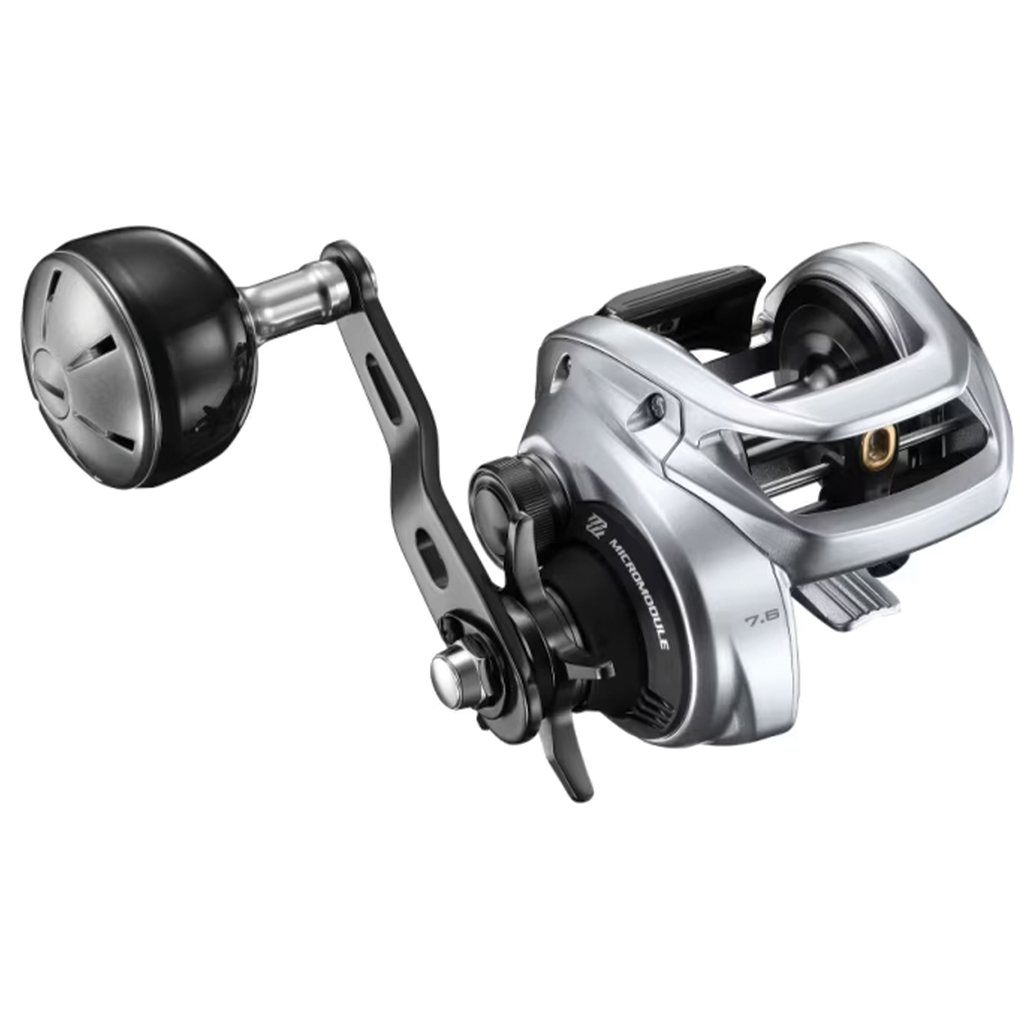 Shimano TranX-400B fishing reel in silver and black with ergonomic handle, designed for smooth casting and retrieval, ideal for musky fishing and tackle enthusiasts.