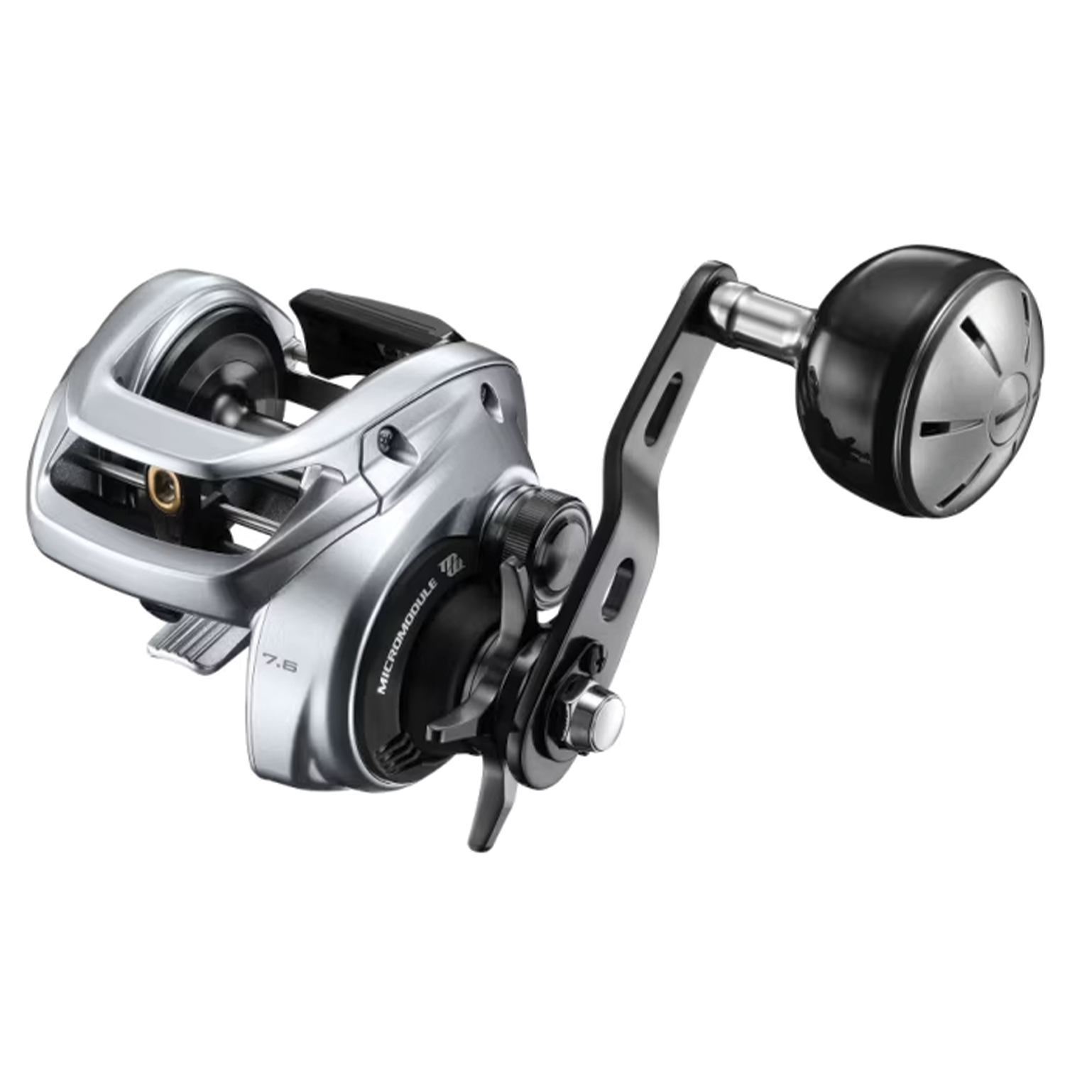Close-up of a Shimano TranX-400B baitcasting fishing reel in silver and black, featuring ergonomic handle and precision drag system for smooth fishing performance.