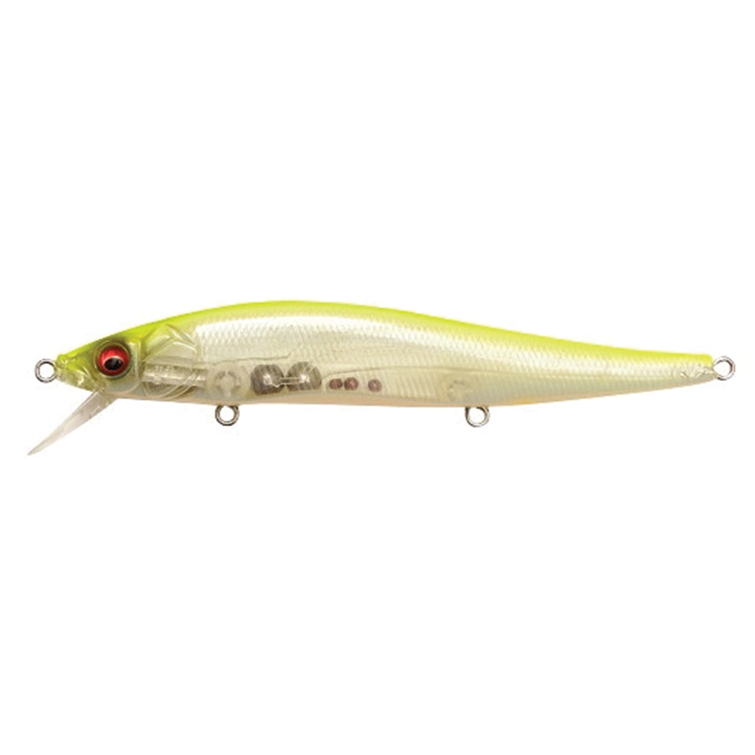 Megabass Vision 110 fishing lure in translucent yellow and white with internal rattles, detailed eyes, and three metal hooks for effective fishing tackle use.