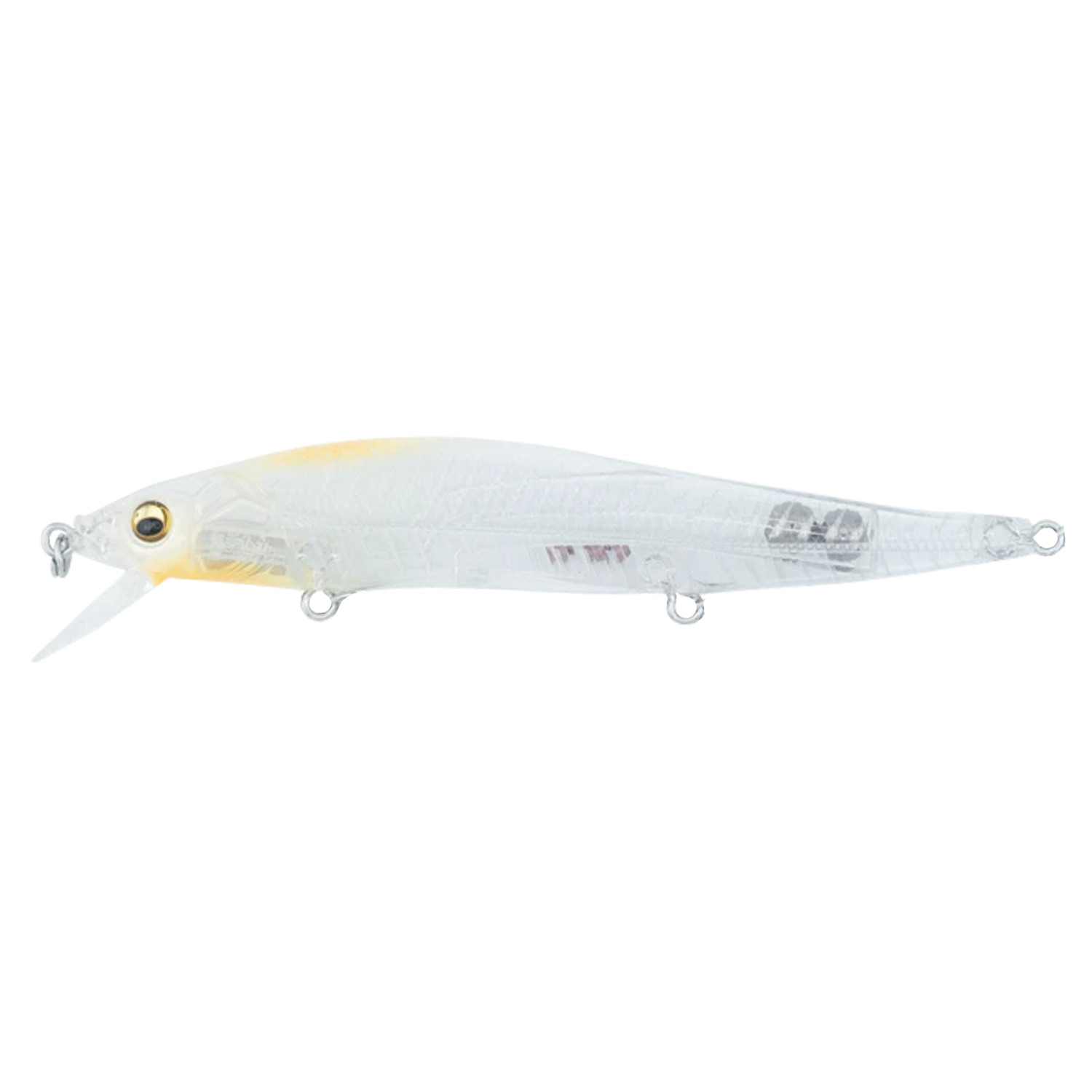 Megabass Vision 110 fishing lure in translucent white with a slender, streamlined body, detailed eyes, and a short, angled diving lip for realistic movement in water.