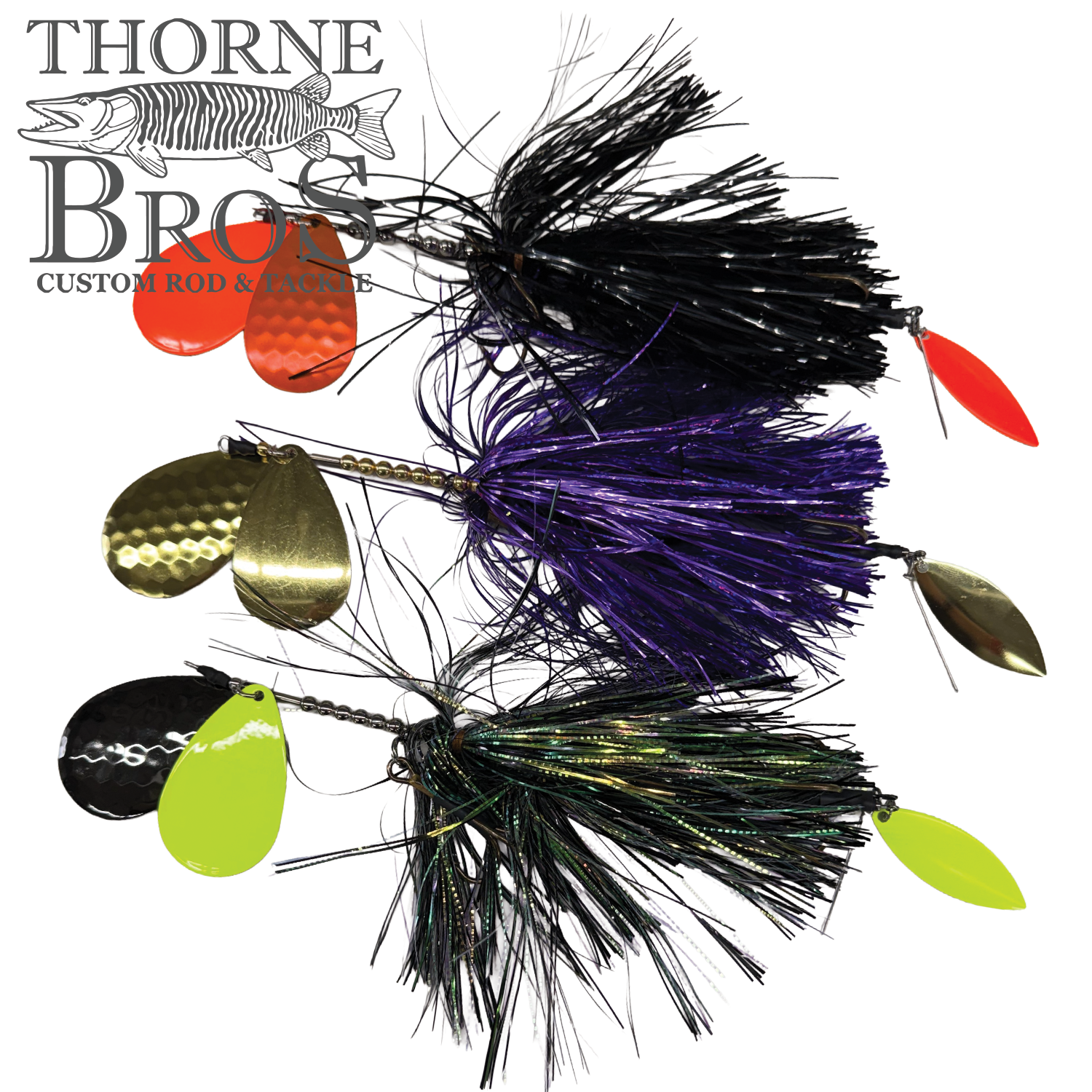 Three Hunsy Tails 9/10 Banger fishing lures in black, purple, and green with spinner blades and rubber skirts, designed for musky fishing and custom tackle enthusiasts.