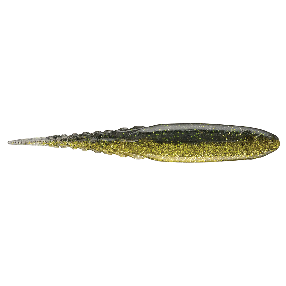 Soft fishing lure in black and gold with glitter accents, designed for freshwater fishing, called Z-Man Chatterspike.