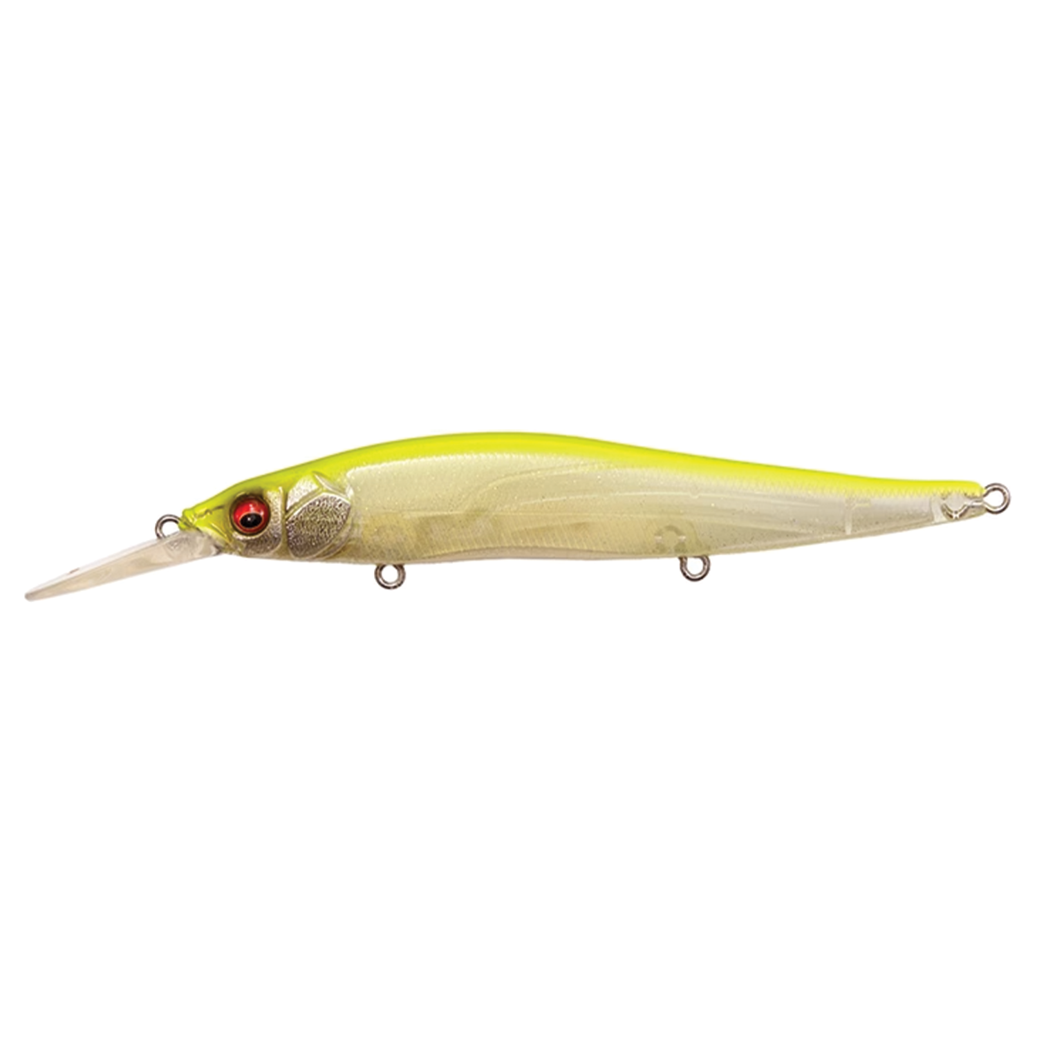 Megabass Vision 110+1 fishing lure in translucent yellow and silver with red eyes, designed for precise action in freshwater musky fishing tackle.