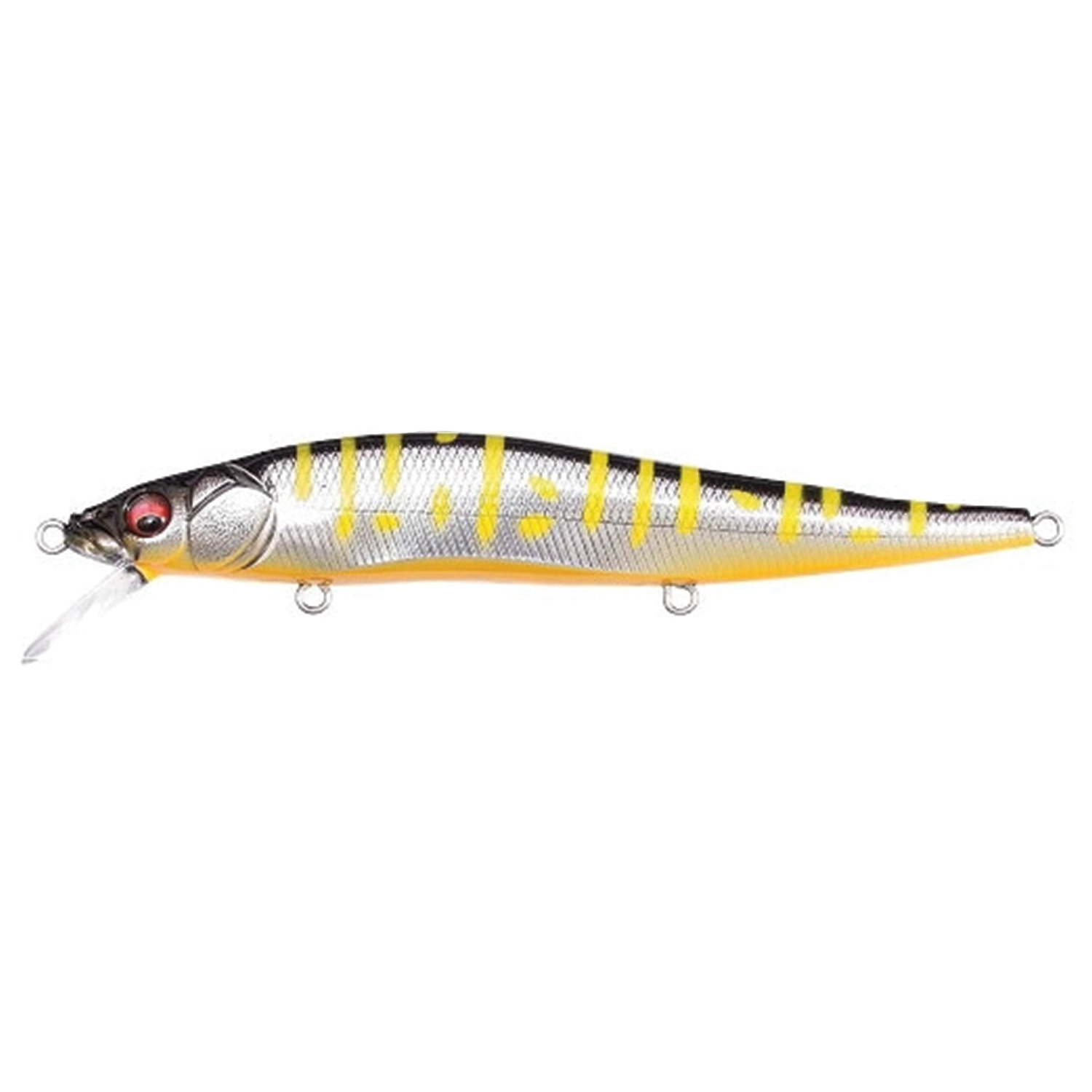 Megabass Vision 110 fishing lure with realistic fish pattern featuring yellow stripes, red eye, and silver body designed for attracting musky and other freshwater game fish.