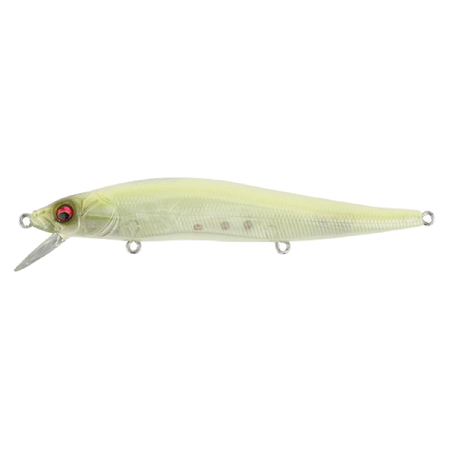Megabass Vision 110 fishing lure in translucent yellow with realistic fish scale texture and red eye, designed for freshwater fishing tackle use.