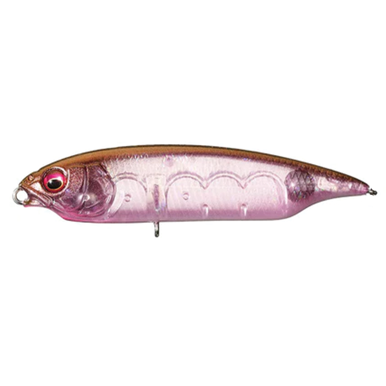 Megabass Karashi fishing lure in translucent pink and brown tones with detailed fish scale texture and a realistic eye, designed for effective fishing tackle use.