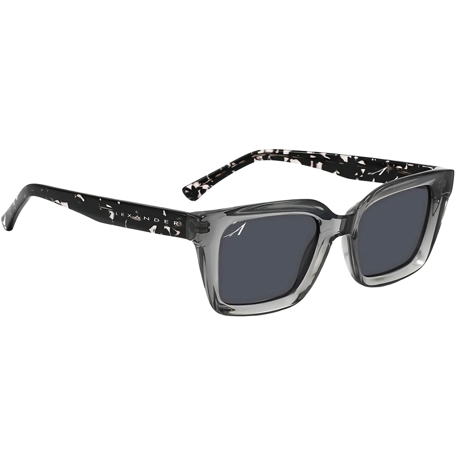 Alexander Sunglasses with square dark gray lenses, semi-transparent gray frames, and black temples featuring a white speckled pattern and Alexander branding.