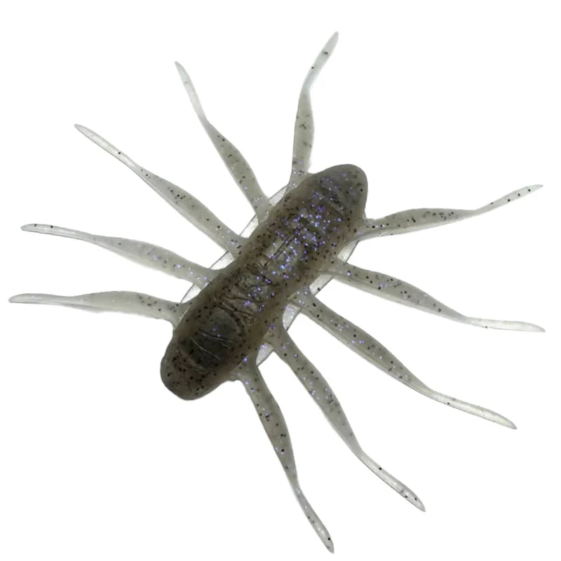 Baum Bofu 55 soft plastic fishing lure designed to imitate a small aquatic insect or creature with multiple legs and a translucent gray body with subtle sparkles for enhanced visibility.
