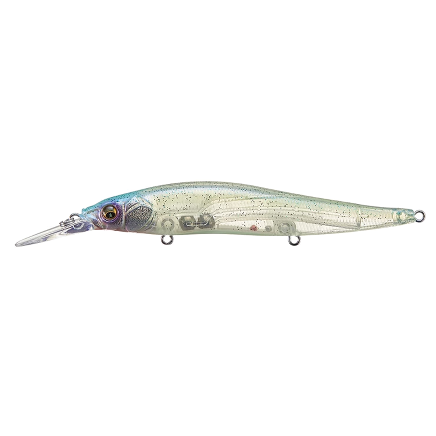 Clear translucent fishing lure with subtle blue and silver accents, detailed eyes, and internal components visible, designed as the Megabass Vision 110+1 for effective fishing tackle use.