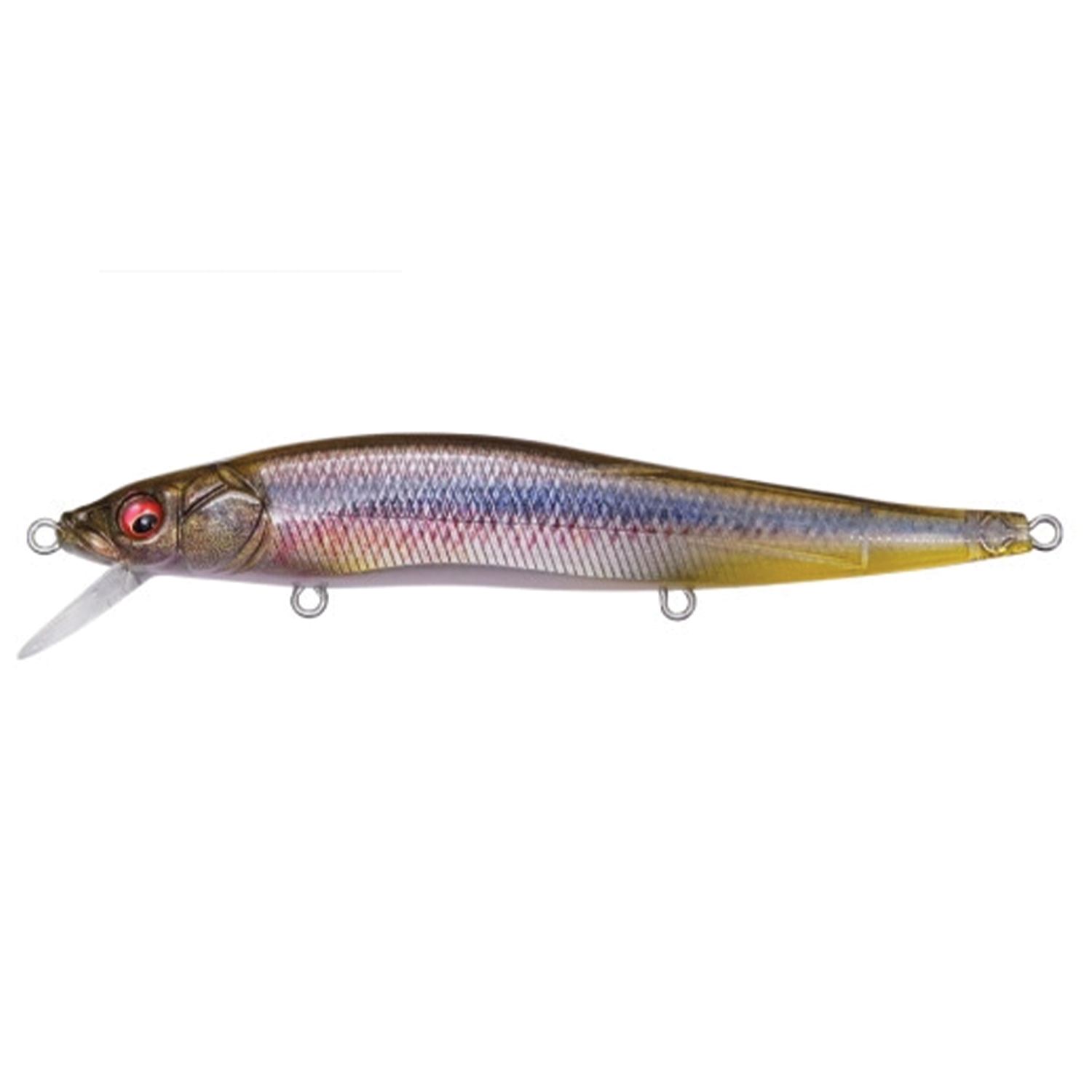Megabass Vision 110 fishing lure in realistic fish pattern with detailed scales and red eye, designed for effective fishing tackle use.