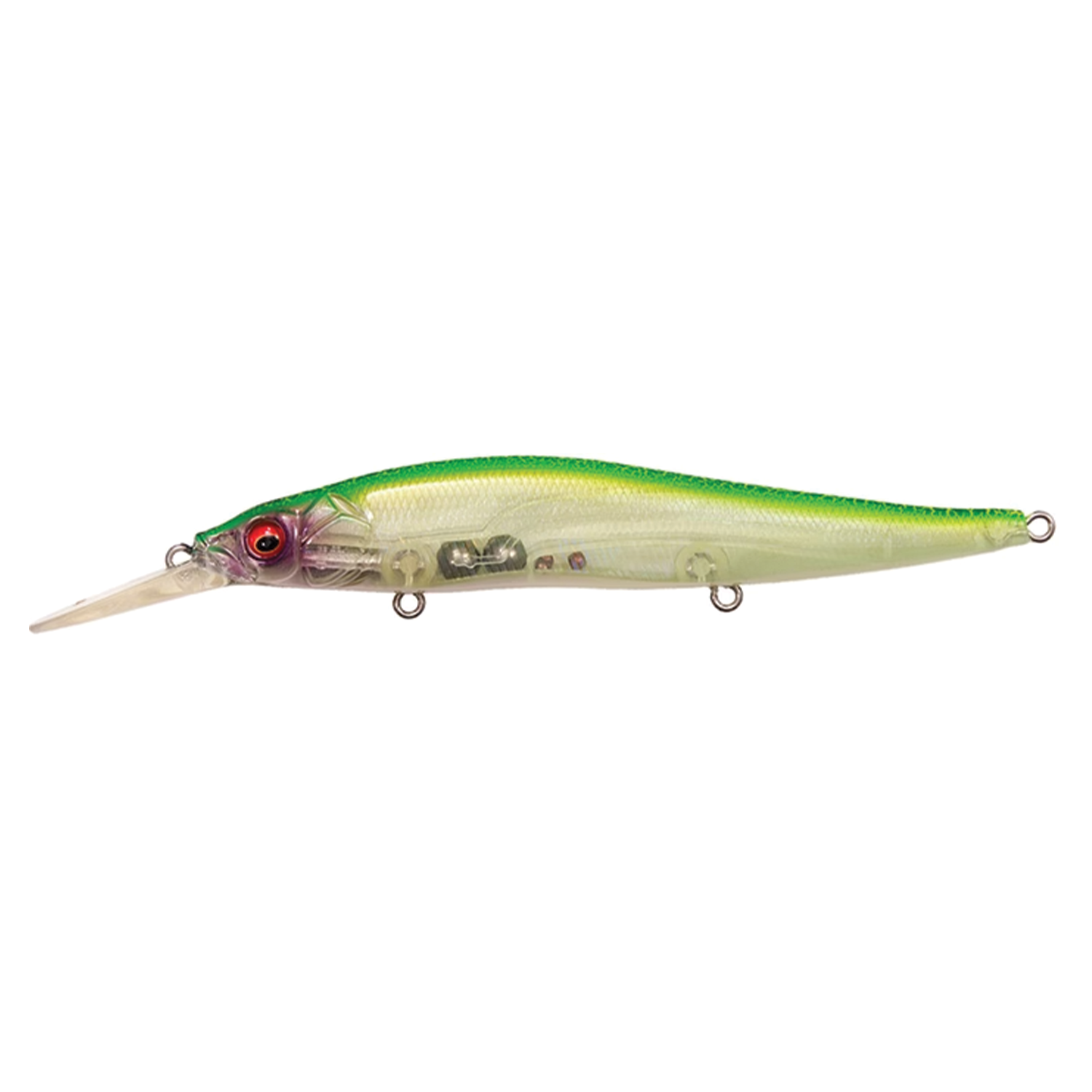Megabass Vision 110+1 fishing lure in green and transparent body with red eyes, designed for musky and freshwater fishing with detailed internal weights and hooks attachment points.