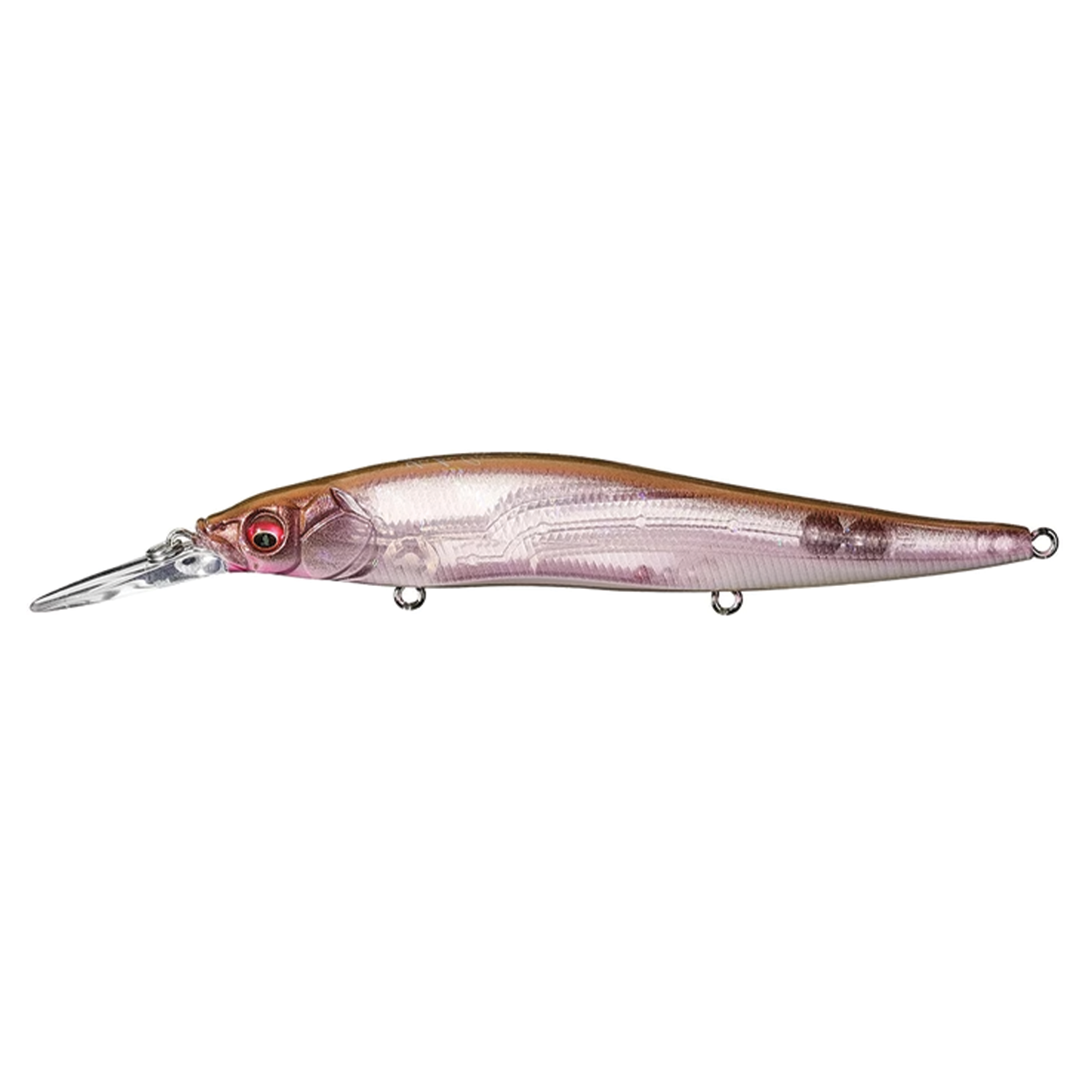 Megabass Vision 110+1 fishing lure featuring a sleek, slender body with a shiny, translucent finish in shades of pink and brown, designed for effective fishing tackle use.