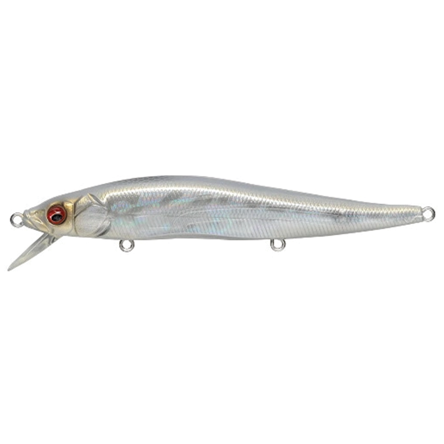 Megabass Vision 110 fishing lure in a realistic silver and gray finish with red eyes and multiple attachment points, designed for precision in freshwater fishing tackle.