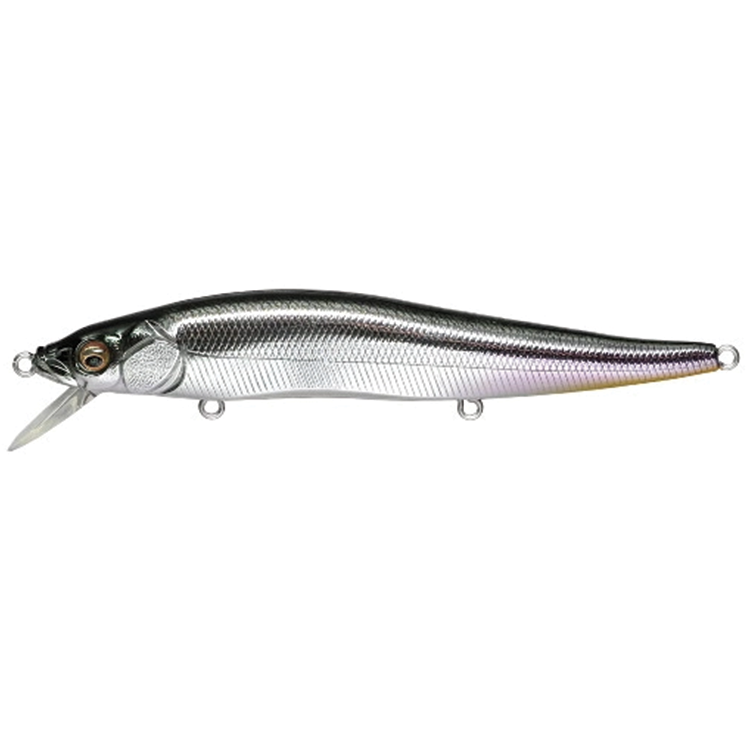 Megabass Vision 110 fishing lure with a sleek, elongated silver body designed to mimic a small baitfish, featuring realistic scale texture and a lip for diving action.