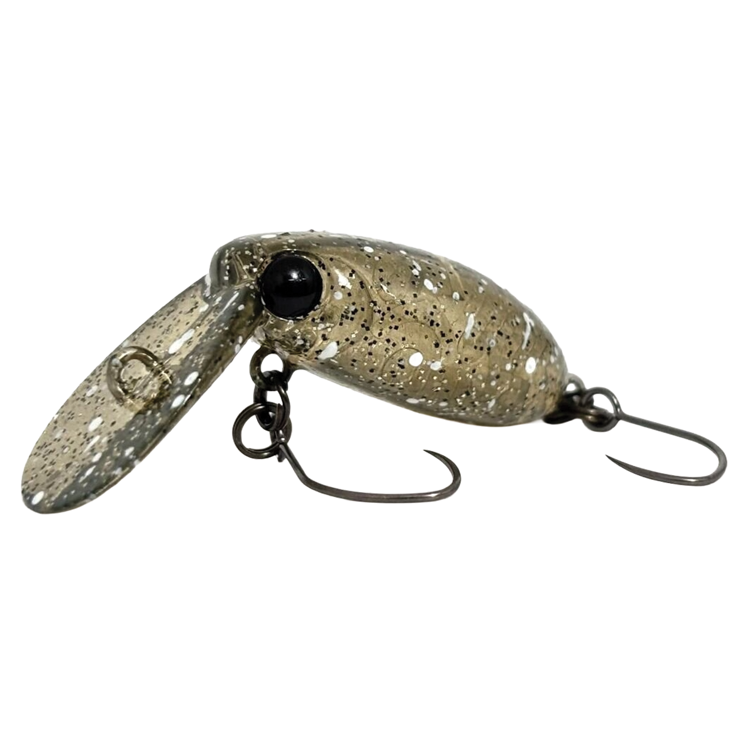 HMKL Inch Crank TR fishing lure in beige with black speckles, featuring two sharp metal hooks and a curved diving lip for freshwater fishing.