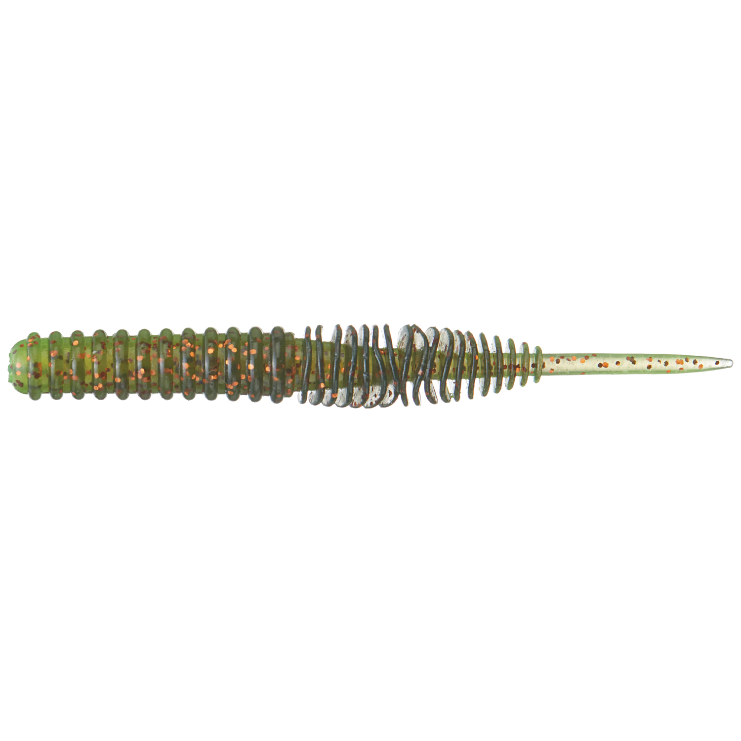 Fishing lure with a ribbed body and pointed tip on a white background