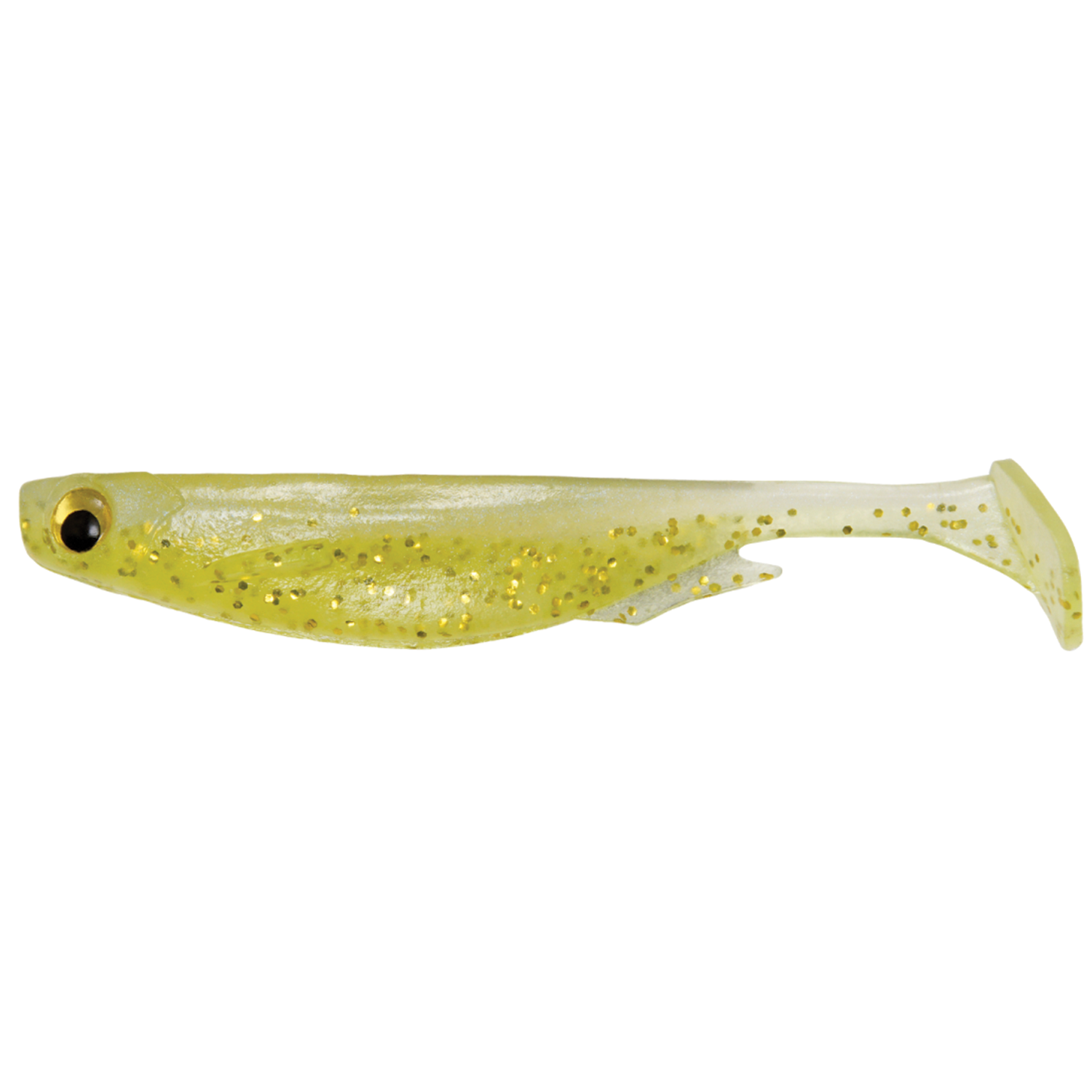 Megabass Spark Shad soft fishing lure in translucent yellow with gold glitter, designed for realistic swimming action to attract fish in freshwater fishing tackle.