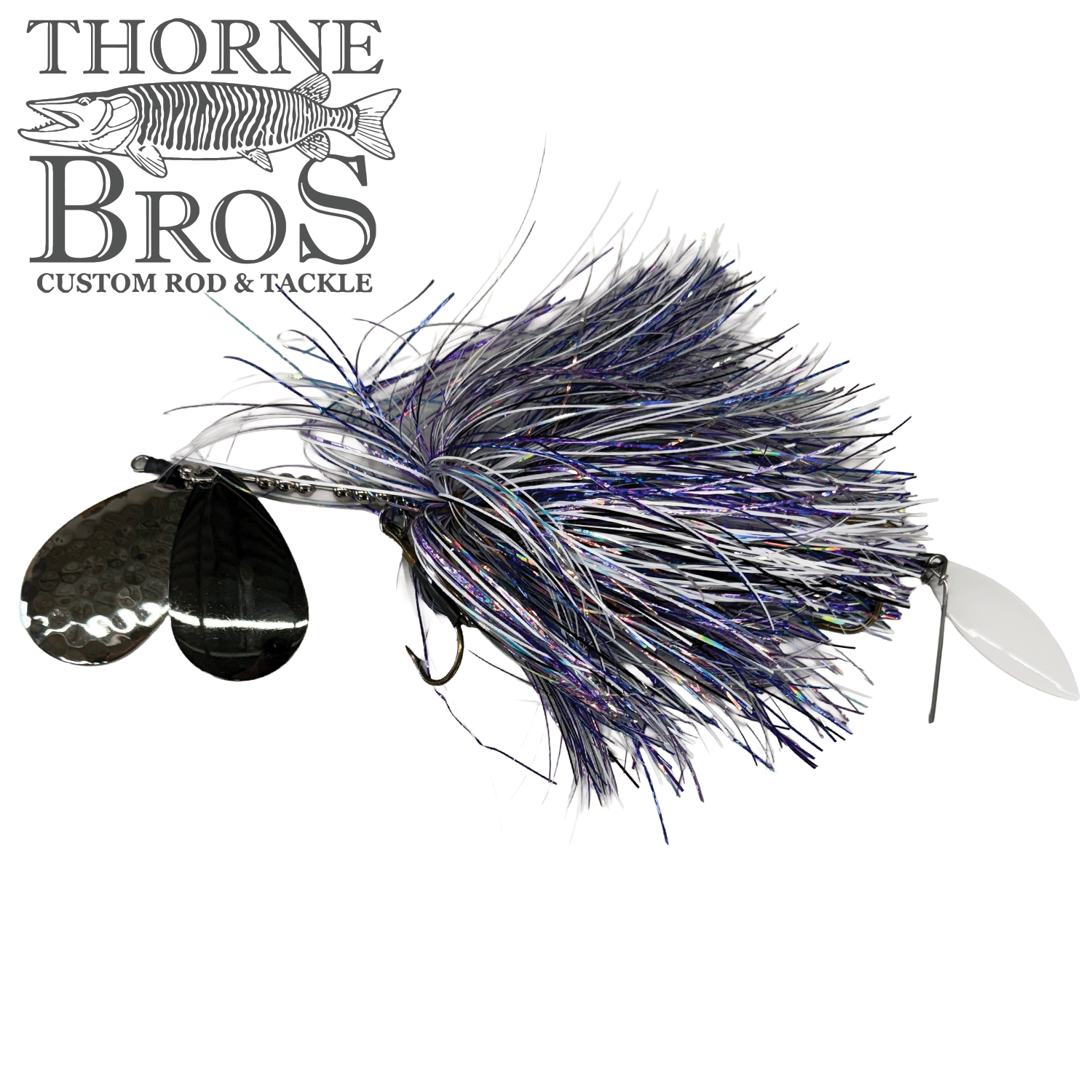 Hunsy Tails 9/10 Banger fishing lure featuring a vibrant black and purple skirted body with dual silver spinner blades designed for musky fishing tackle.