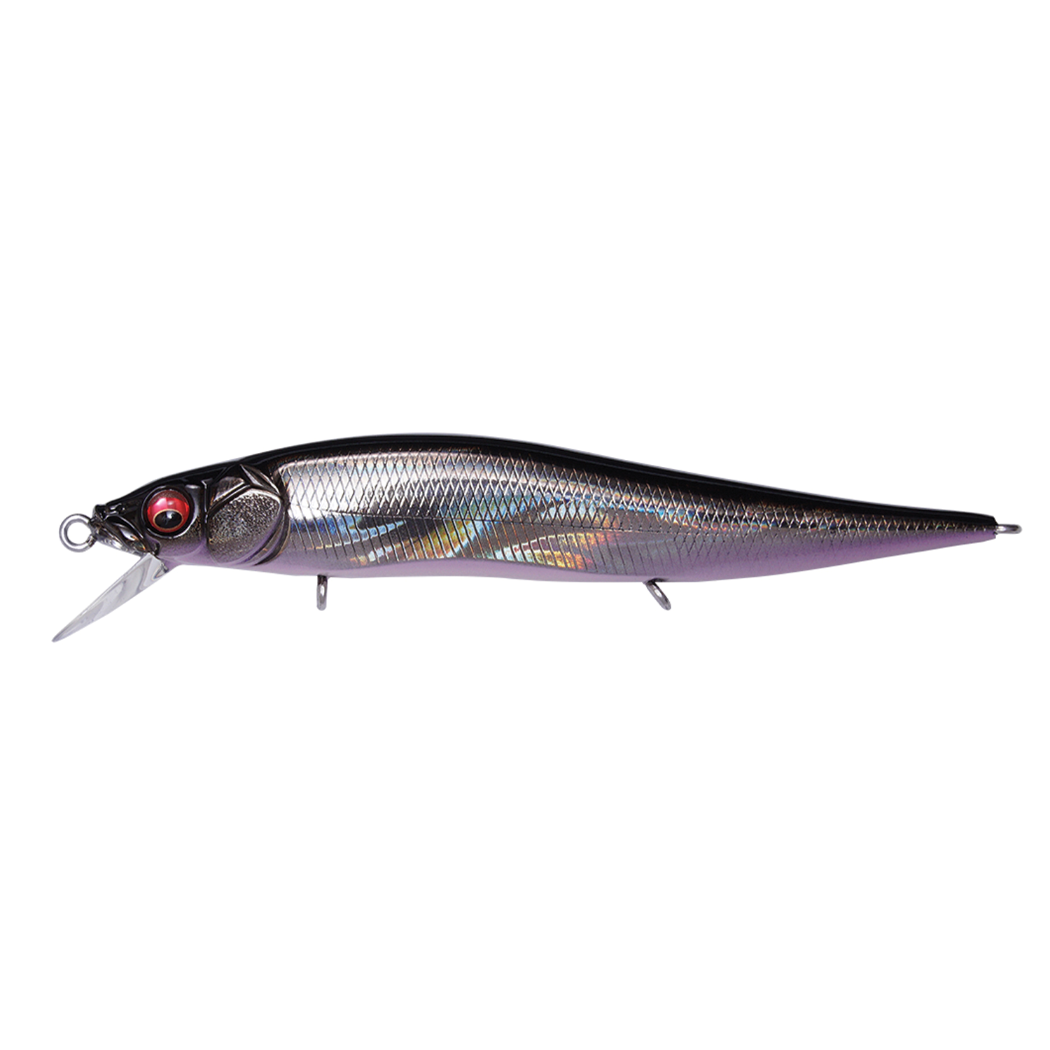 Megabass Vision 110 Jr. fishing lure with a sleek, reflective body featuring realistic scale patterns, red eyes, and a clear diving lip for effective fishing tackle performance.