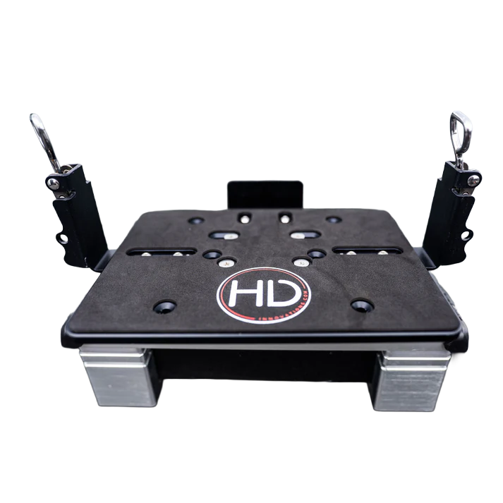 HD Innovations HD Shuttle Docking System (NO Rotator) black mounting platform with metal brackets and attachment points for secure fishing tackle or marine electronics installation.