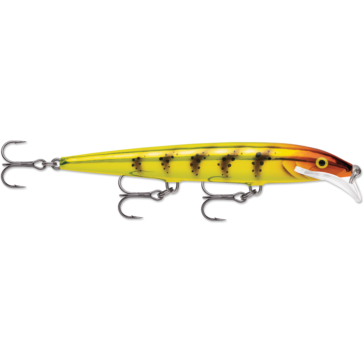Rapala Scatter Rap Minnow yellow and orange fishing lure with black spots treble hooks and clear diving lip for freshwater fishing tackle