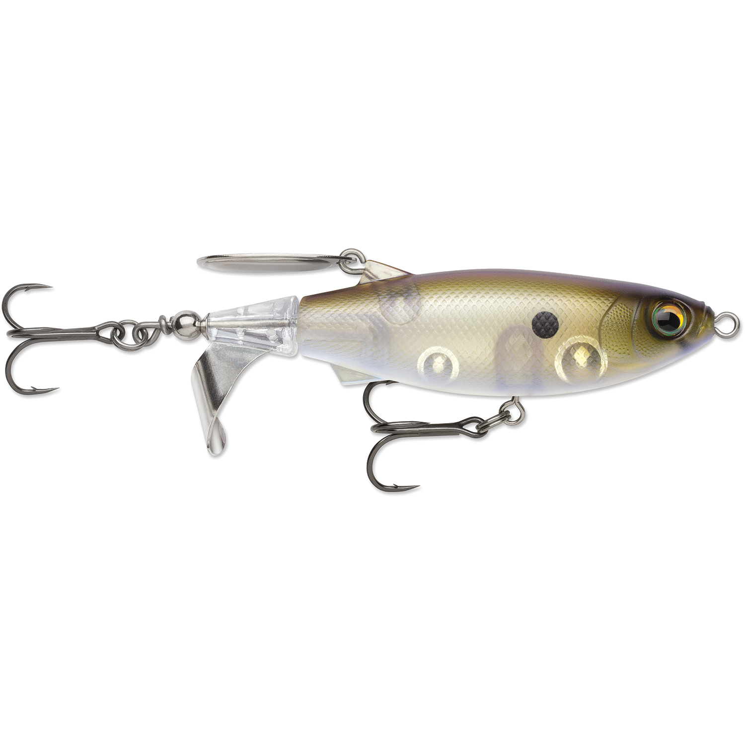 Rapala Claptail 110 fishing lure with realistic fish pattern, two treble hooks, and a metal spinner blade designed for attracting musky and other predator fish.