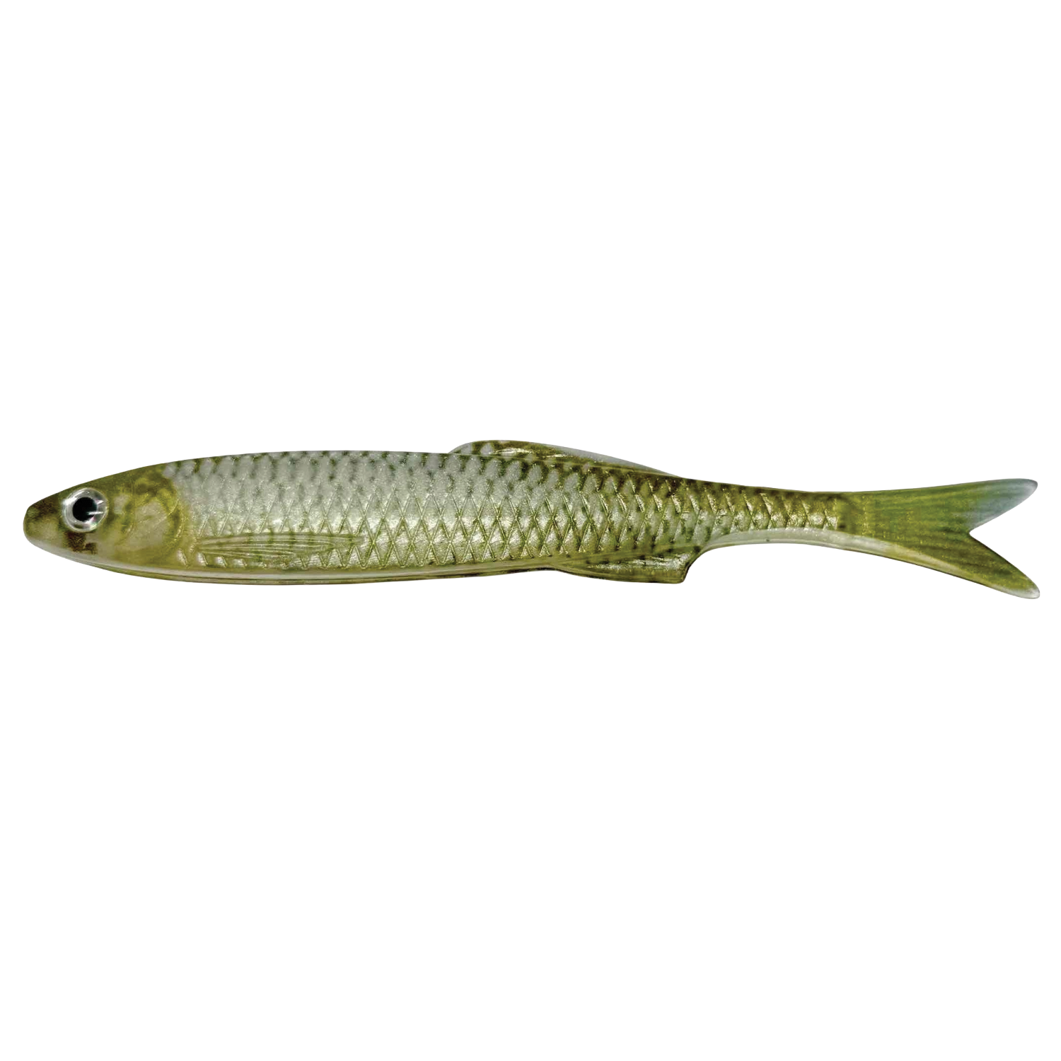 YG.Labo Witch Rizu fishing lure designed to resemble a small fish, featuring a green and silver body with detailed scales and a forked tail, ideal for fishing tackle enthusiasts.