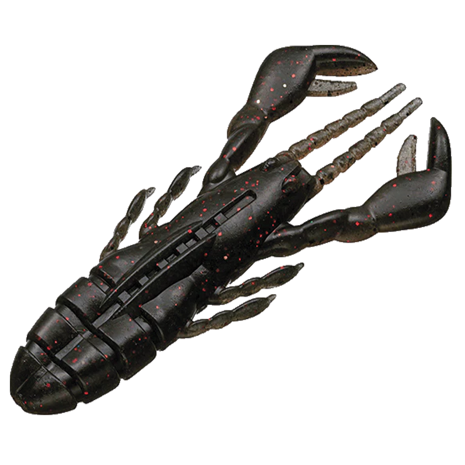 Evergreen CM-3 Claw Motion fishing lure designed to imitate a crawfish with articulated claws and segmented body in black with red speckles for effective fishing tackle use.