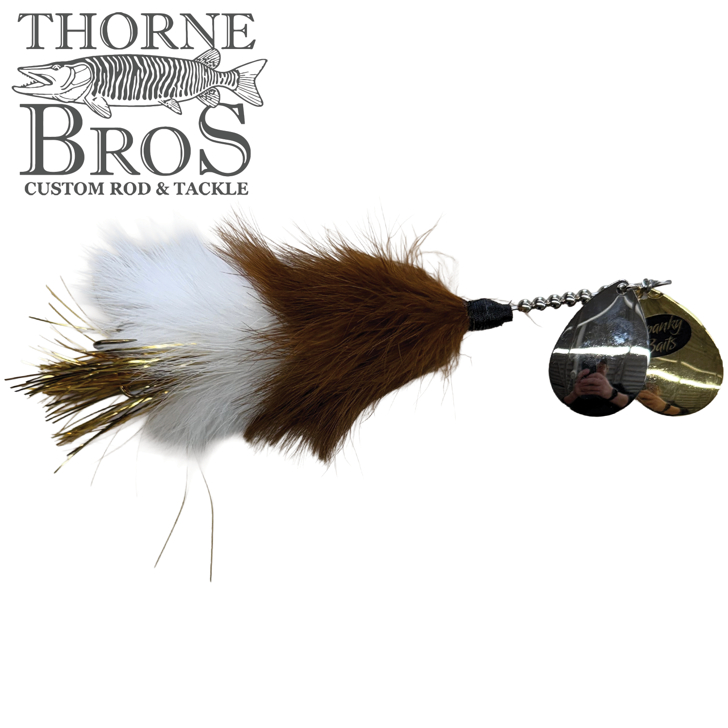Spanky Baits Raven fishing lure with brown and white fur, featuring two shiny metal spinner blades, designed for musky fishing and premium fishing tackle.