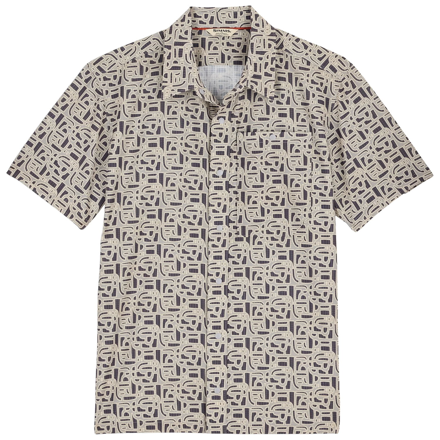 Simms Tailout Air SS Shirt - Men's featuring a short-sleeve, button-up design with a beige base and abstract dark gray geometric pattern, made for fishing and outdoor use.