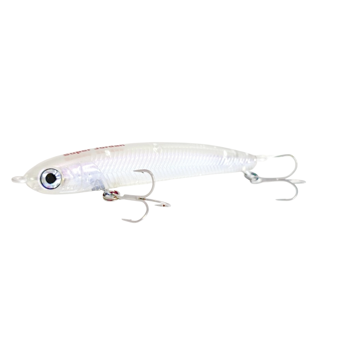 HMKL Super Jordan 53 fishing lure in translucent white with realistic eyes and two treble hooks designed for effective fishing tackle use.