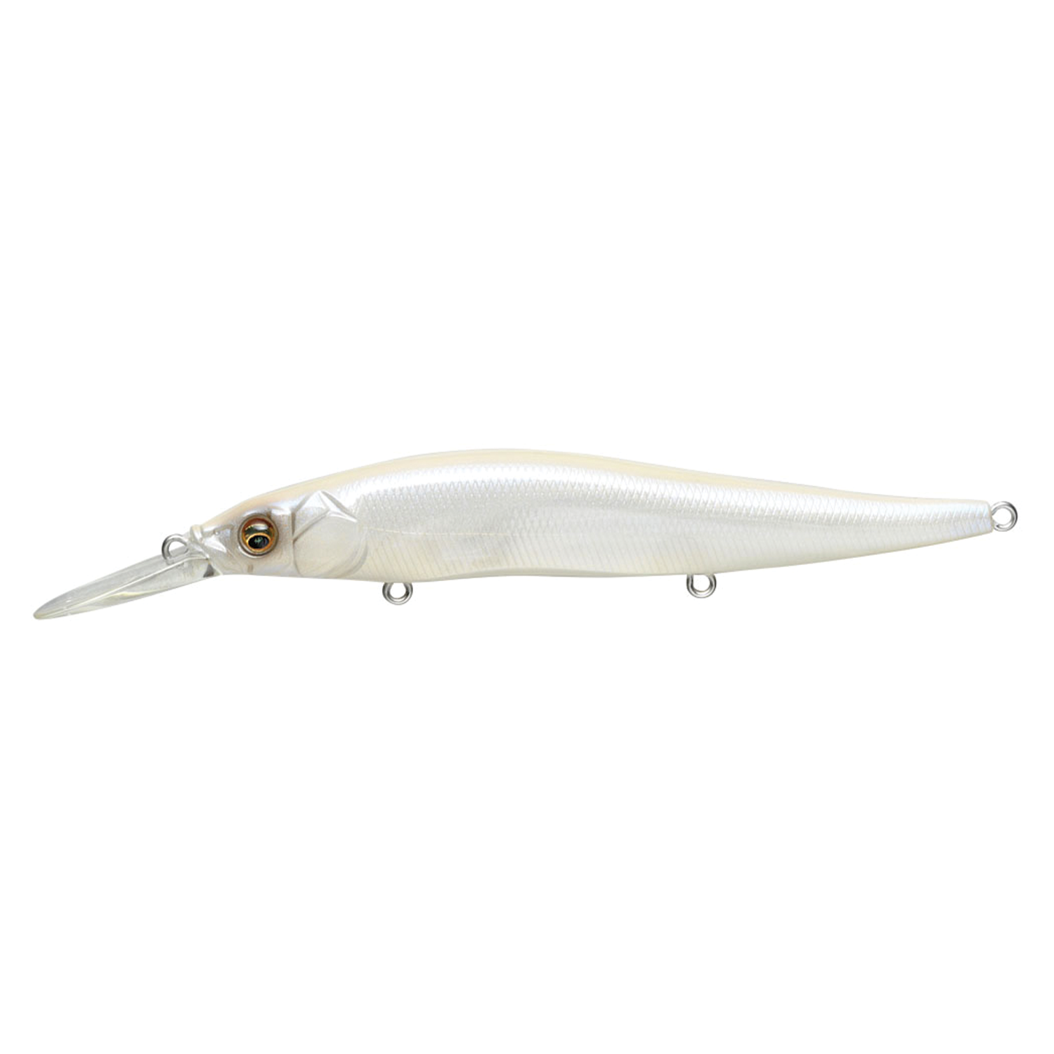 Megabass Vision 110+1 fishing lure in pearlescent white with realistic eye detail and elongated lip for deep diving, designed for freshwater and musky fishing tackle.