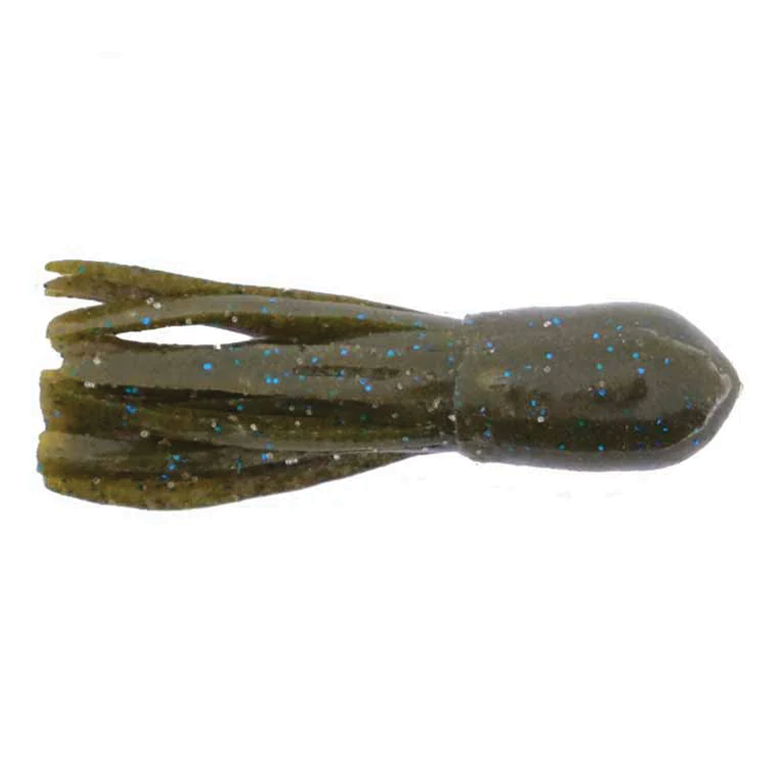 X-Zone 2.25" Scented Stealth Tubes fishing lure in olive green with blue flecks, featuring multiple soft, flexible tentacles for musky and ice fishing tackle use.