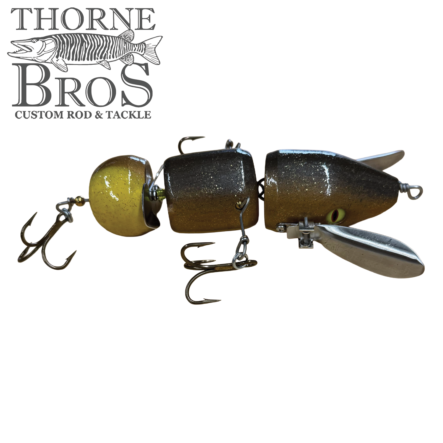 Musky Safari Franken Spitz Jr. musky fishing lure with segmented body twin propellers and treble hooks for freshwater tackle setups