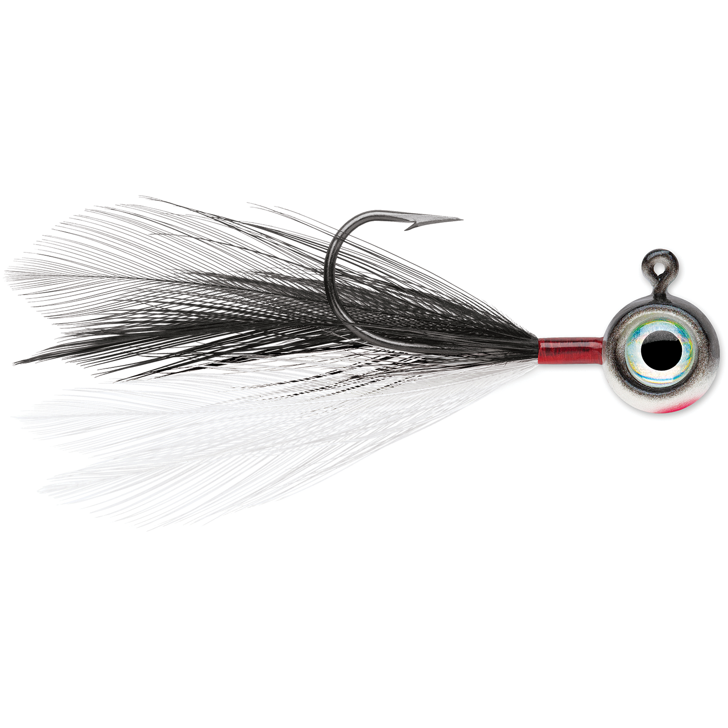 VMC Moon Fly Jig fishing lure with a silver jig head, realistic eye detail, sharp single hook, and black and white feathered skirt for effective fishing tackle.