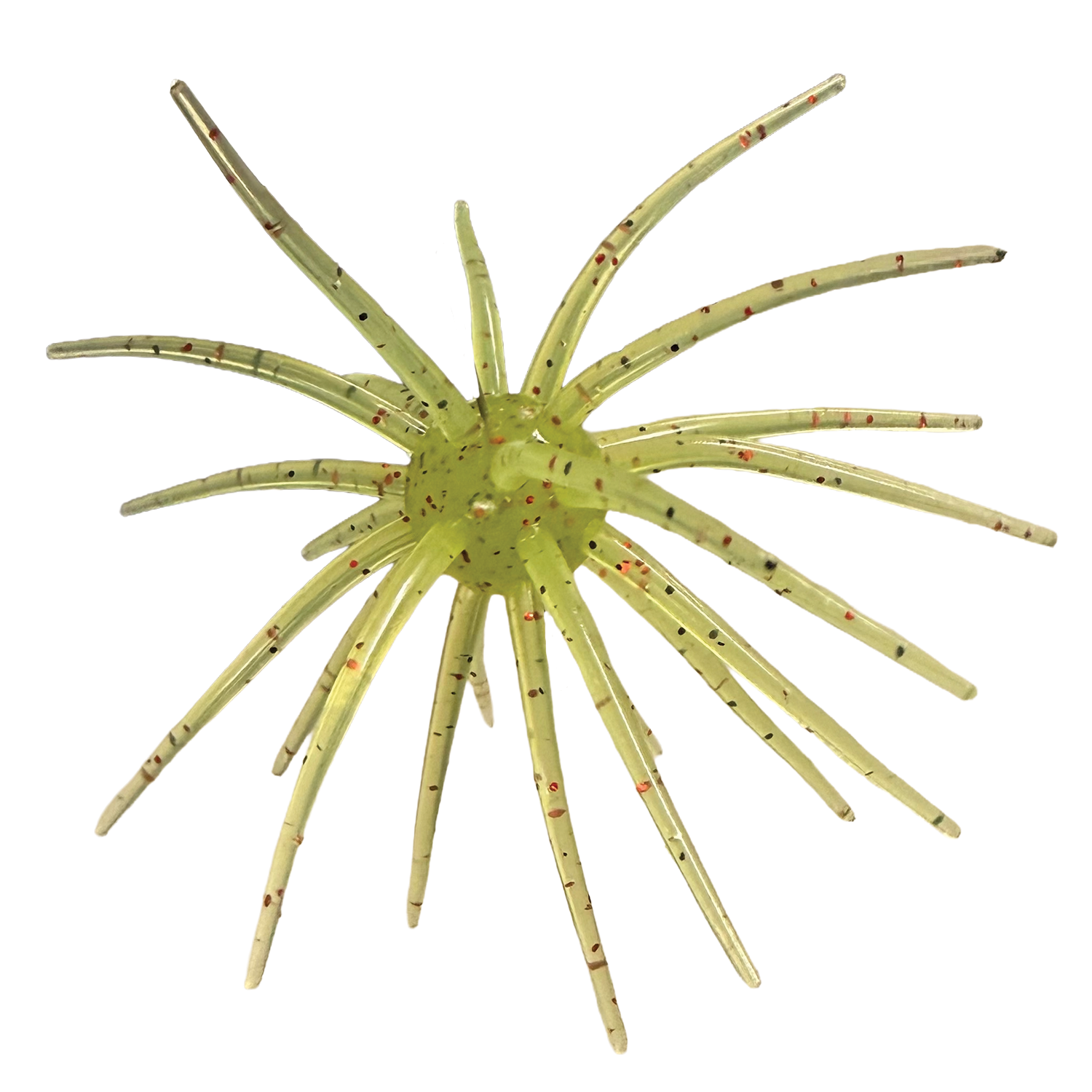Randamu Lures Fuzzy Ballz fishing lure in translucent green with multiple long, thin appendages featuring red and black flecks, designed for enhanced attraction in fishing tackle.