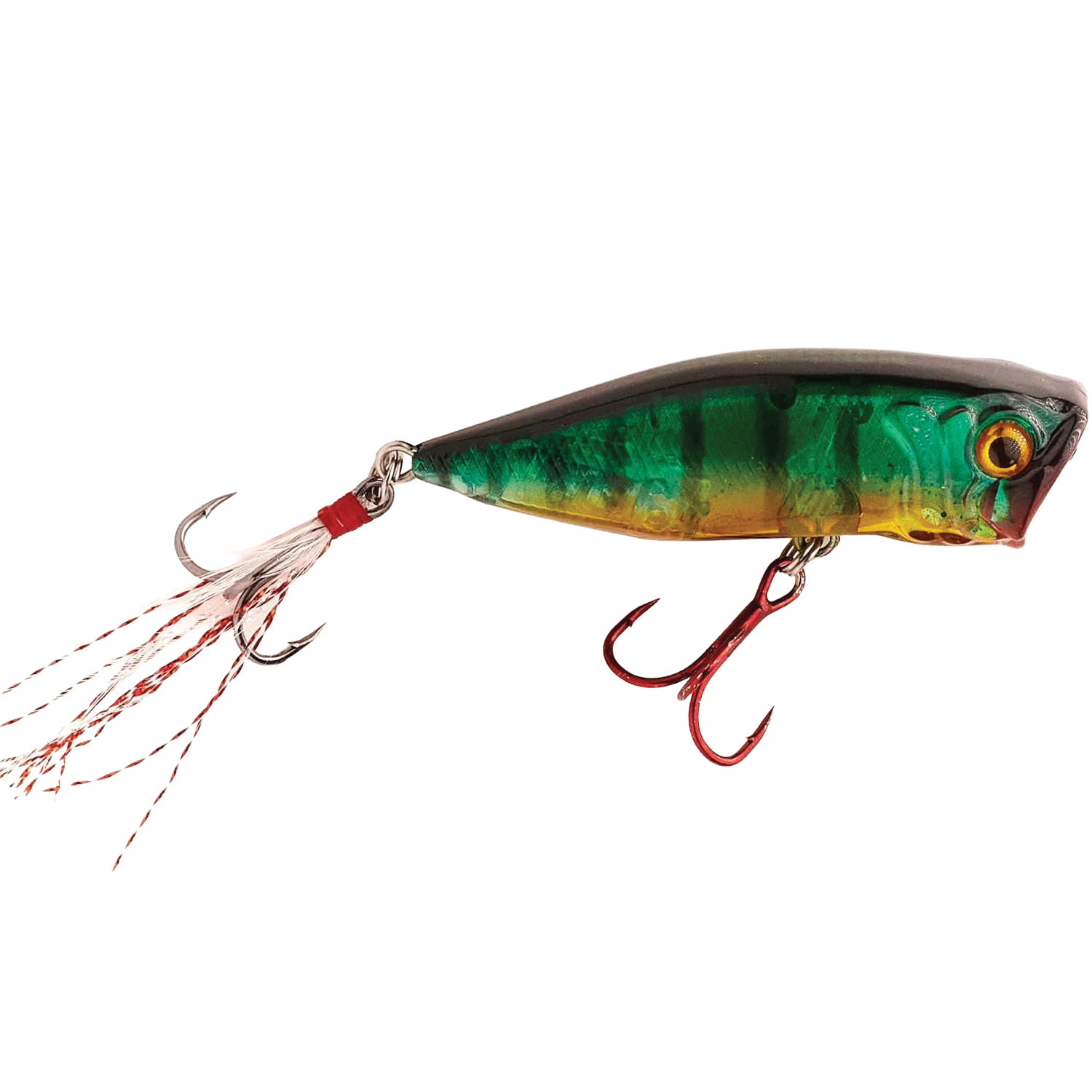 Monsterbass Mad Max fishing lure designed with a green and yellow striped body, realistic eye detail, and two sharp treble hooks with trailing red and white fibers for enhanced attraction.