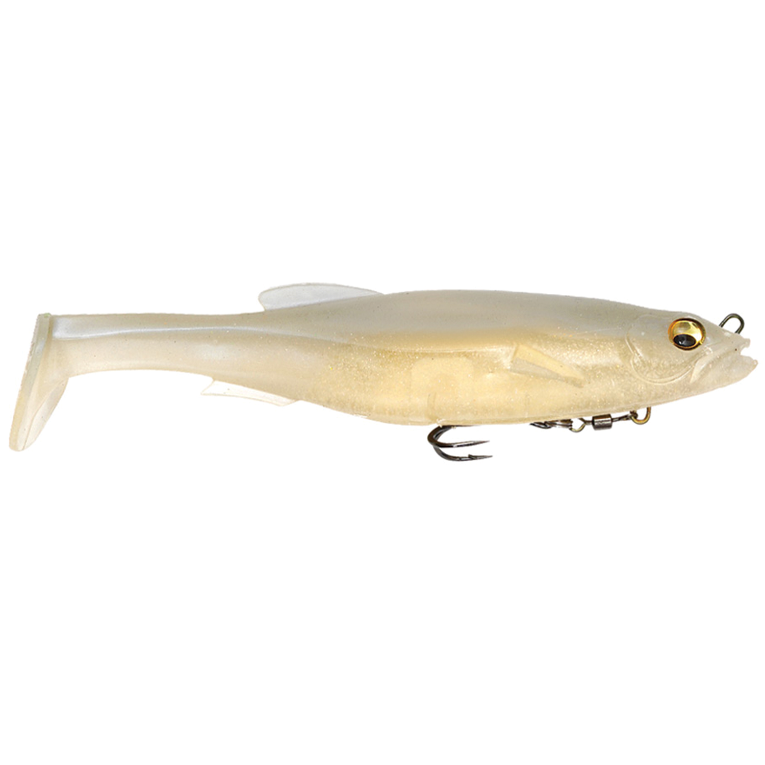 Megabass Magdraft soft fishing lure in translucent pearl color with realistic fish shape and a treble hook underneath, designed for effective fishing tackle use.