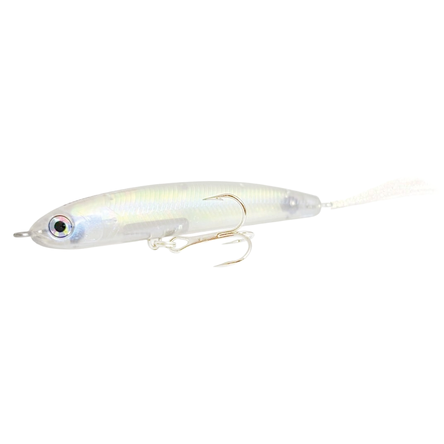 HMKL Jordan 65 F fishing lure with a translucent body, lifelike 3D eyes, and dual sharp treble hooks designed for effective freshwater fishing tackle.