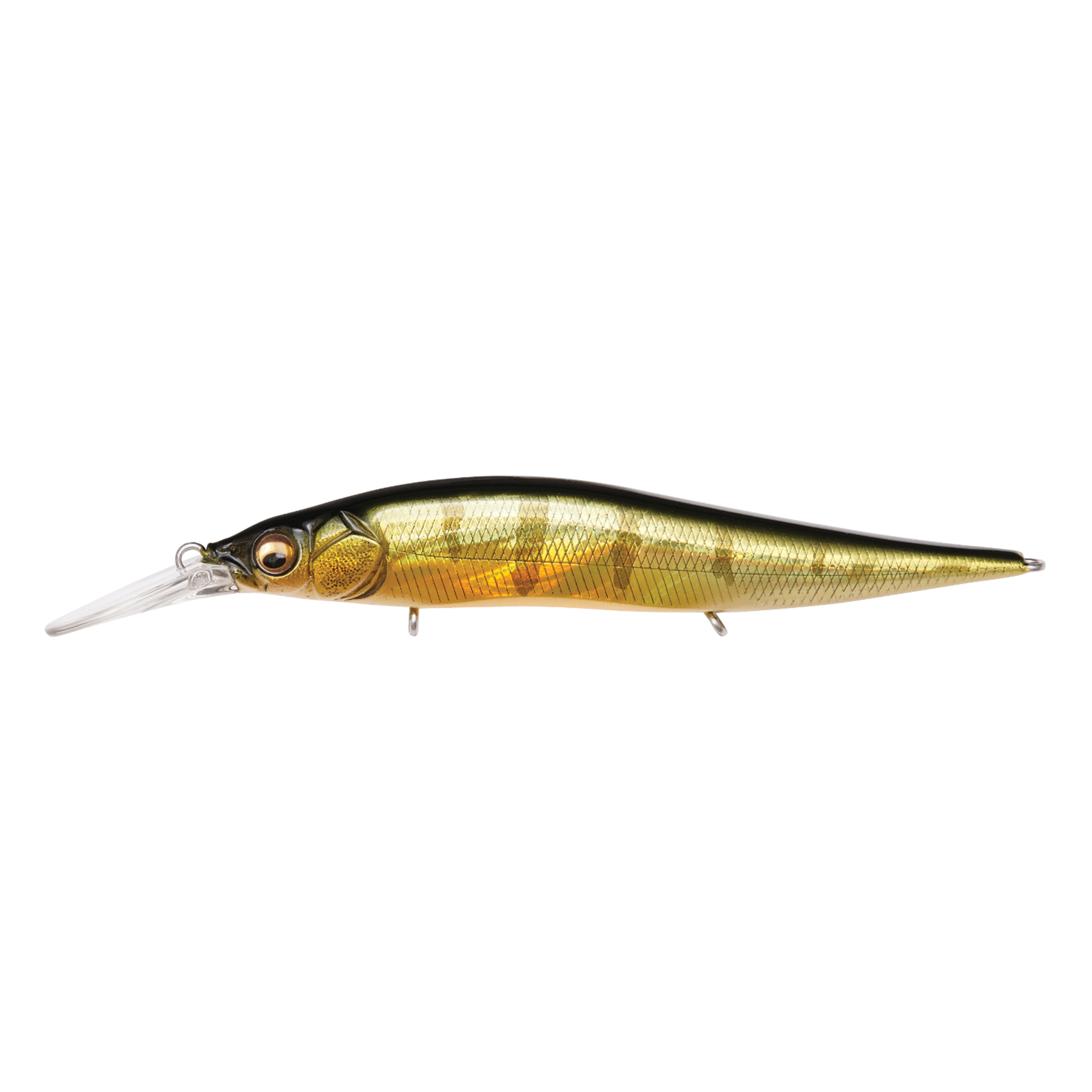 Megabass Vision 110+1 Jr. fishing lure in gold and black with a detailed fish scale pattern, designed for enticing strikes in freshwater fishing tackle setups.