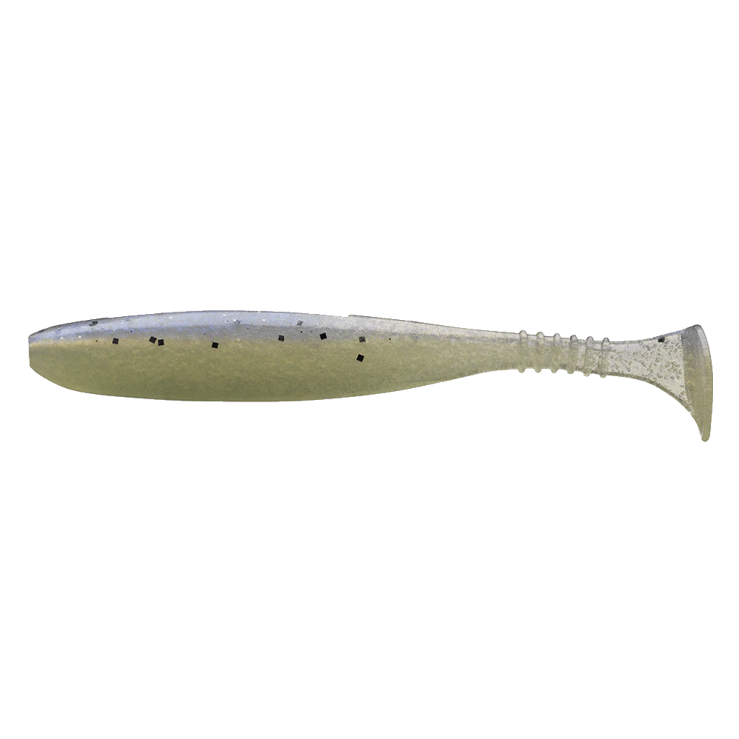Daiwa Tournament D-Fin soft fishing lure in a translucent olive and silver color with black flecks, designed for effective movement in water to attract fish.