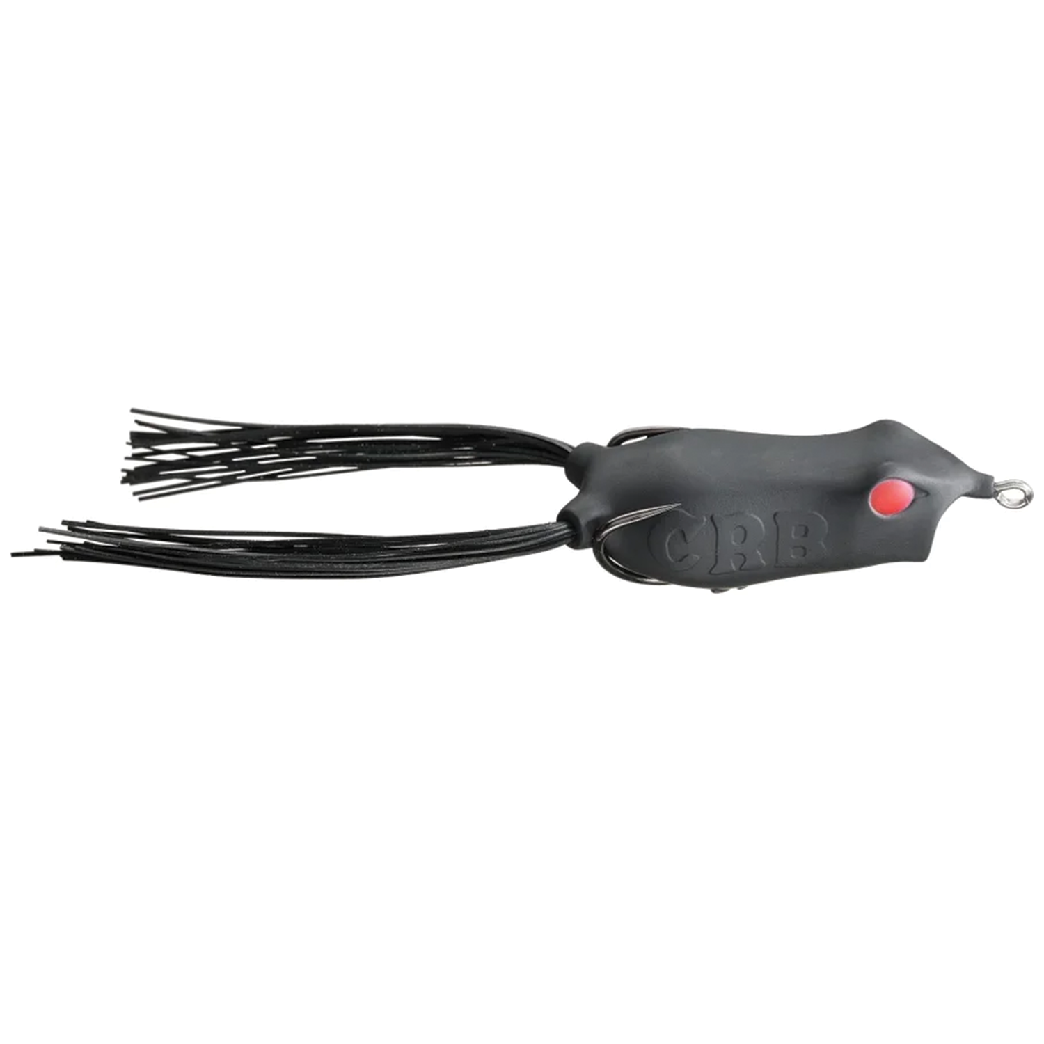 Copper Red Baits Loud Mouth Frog fishing lure in black with rubber skirt and red eye detail, designed for freshwater fishing tackle targeting musky and other game fish.