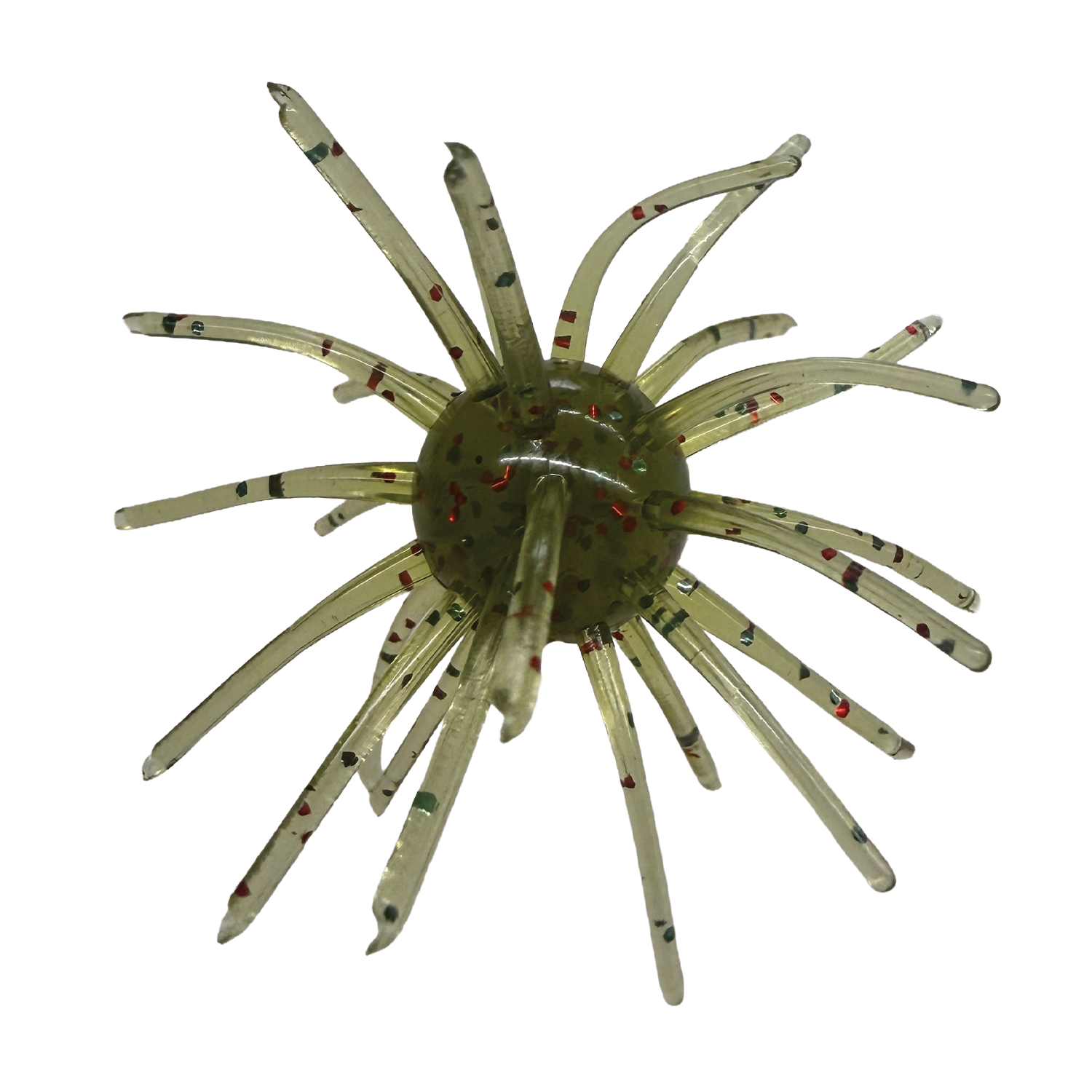Randamu Lures Fuzzy Ball Mini fishing lure in translucent pale green with multicolored speckles and multiple flexible tentacle-like appendages for enticing fish.