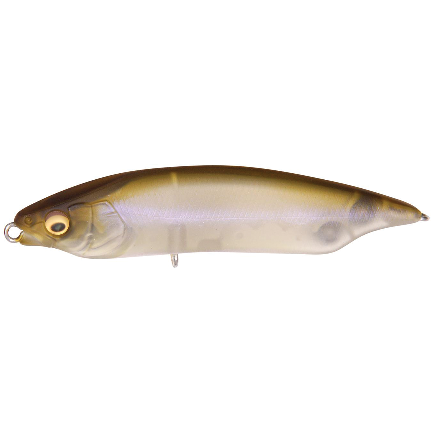 Megabass Karashi 80 fishing lure with a realistic fish-like design in translucent brown and beige tones, featuring detailed eyes and textured body for effective musky and freshwater fishing.